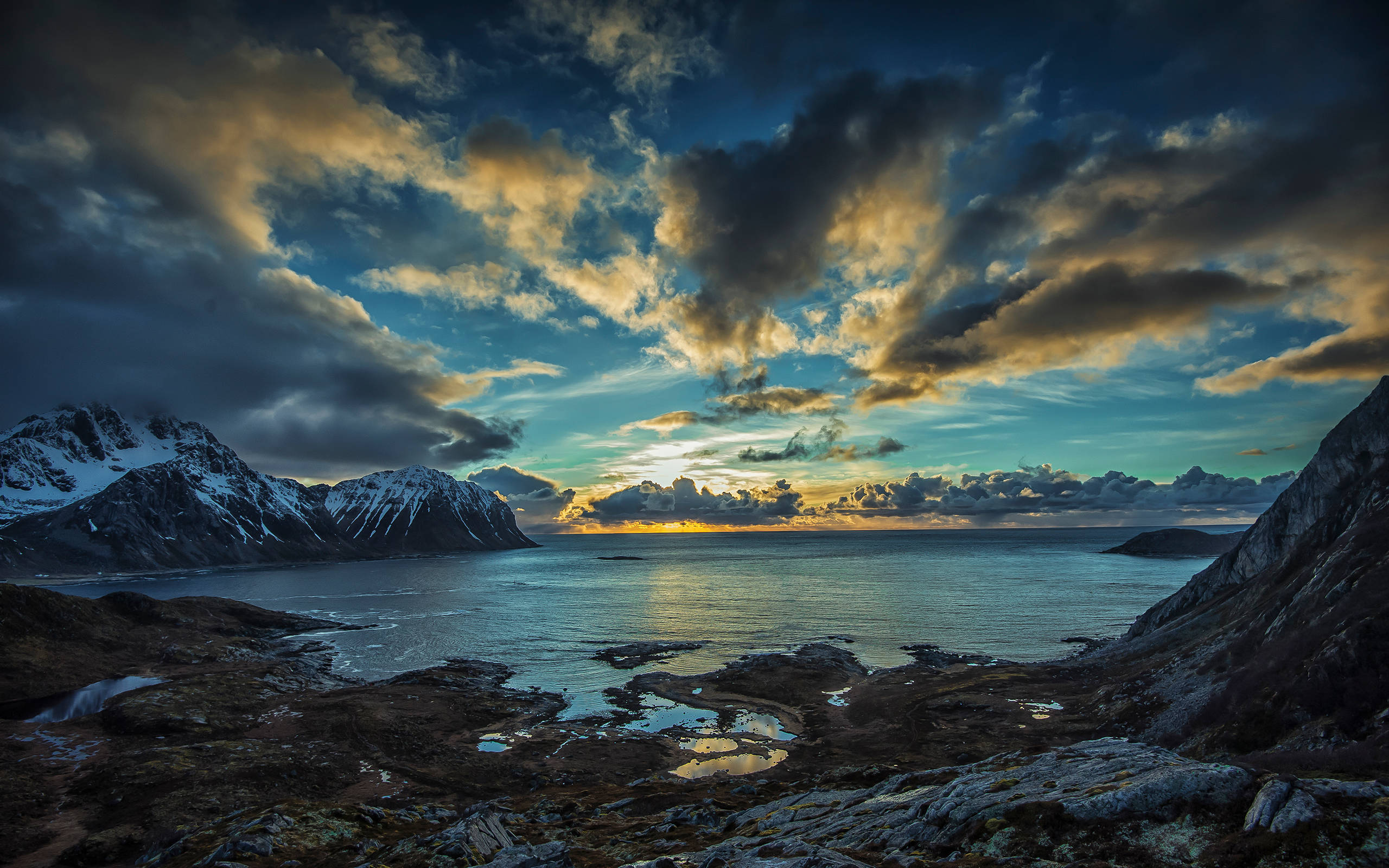 Dark Blue Clouds, sunset, fjord, 2K Desktop Wallpaper