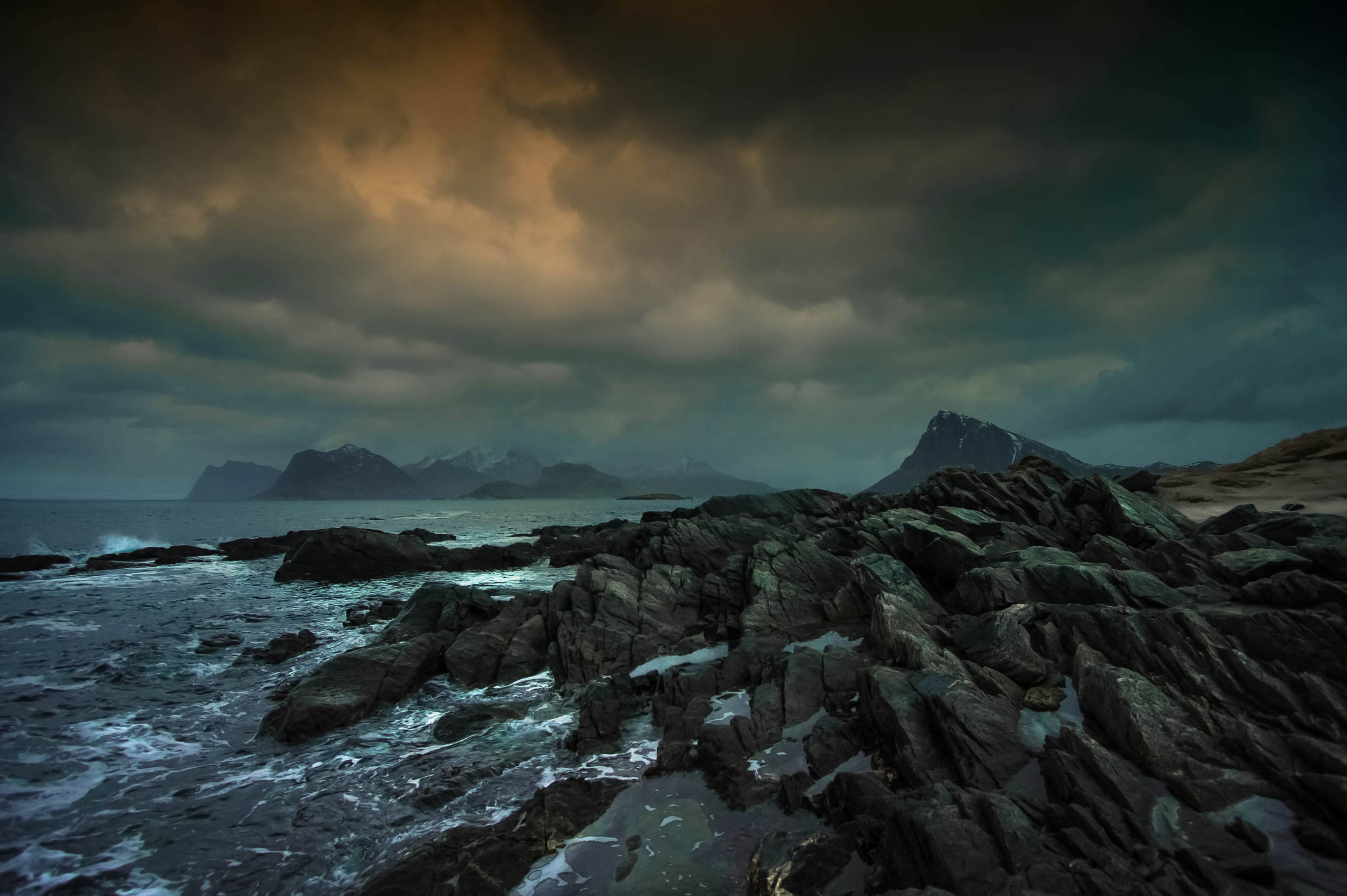 Dark Blue Clouds, rocky seas, jagged coastal rocks, Full HD Desktop Wallpaper