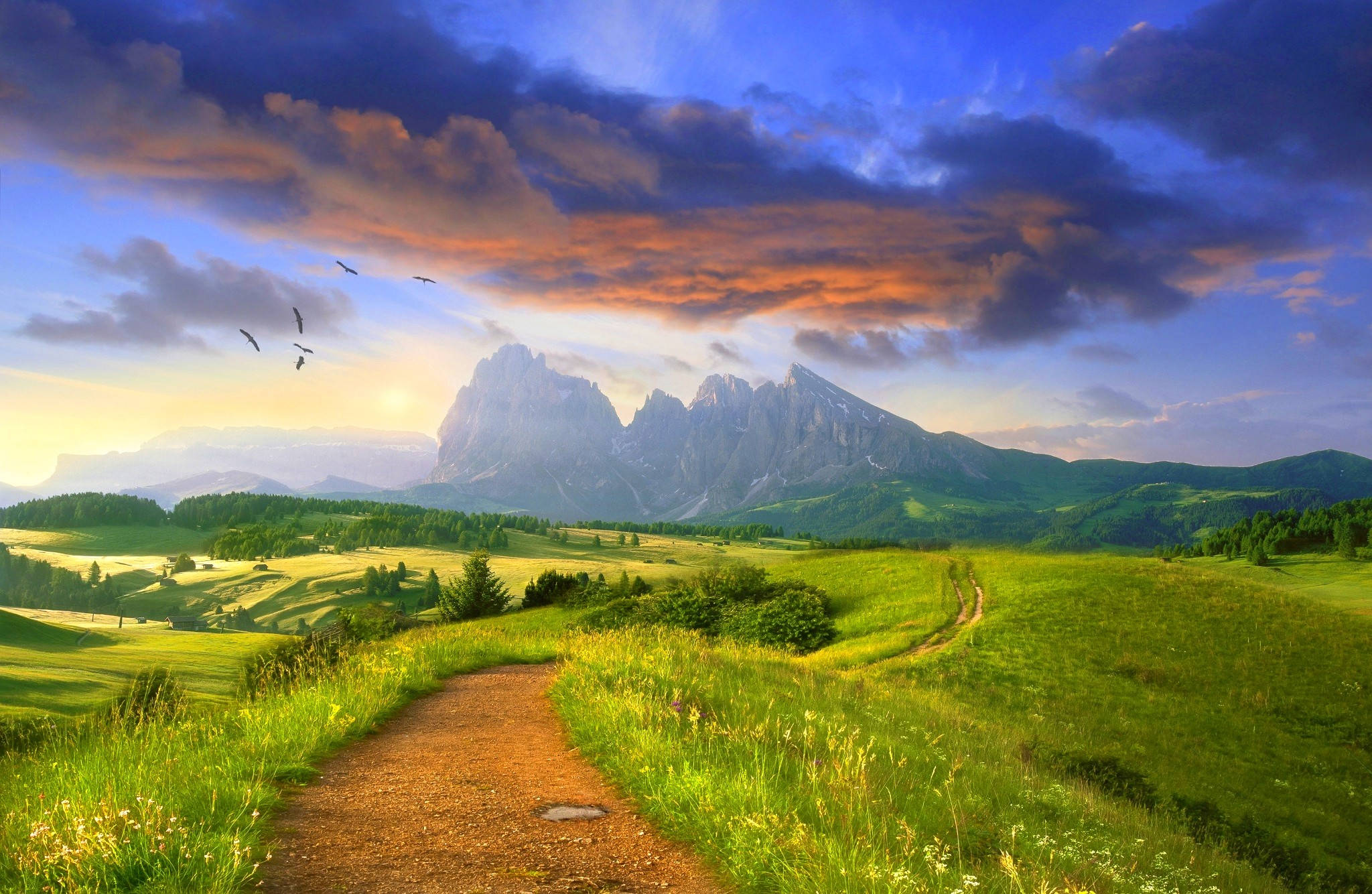 Dark Blue Clouds, green landscape, vibrant green meadows, Full HD Desktop Wallpaper