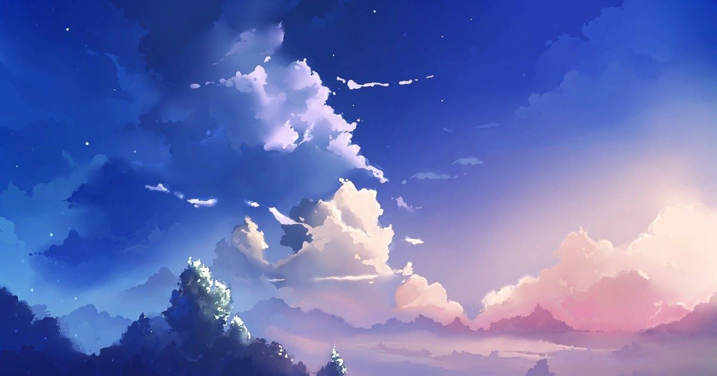 blue gradient sunset sky, soft pink and deep blue clouds, silhouetted trees, Full HD Desktop Wallpaper