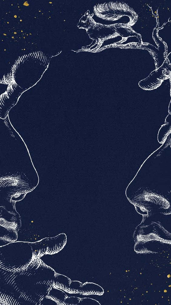 dark blue void, white sketched squirrel, branch, SD Phone Wallpaper