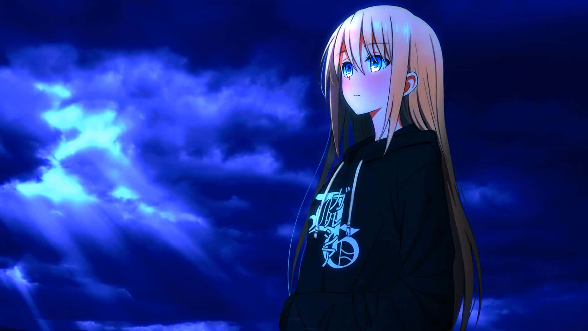 anime girl, long hair, dramatic blue sky, Full HD Desktop Wallpaper