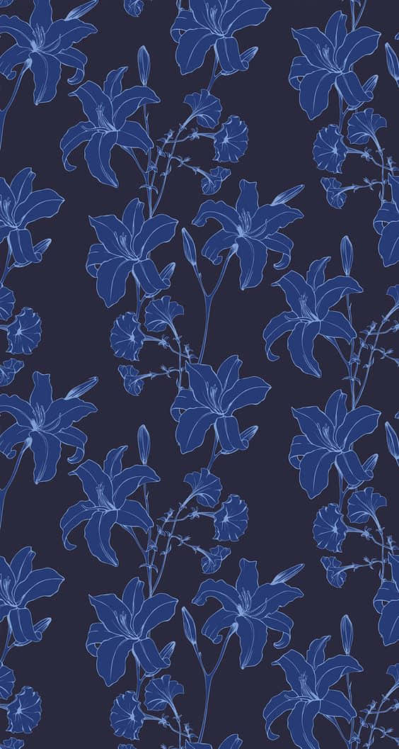 dark blue pattern, blue lily flowers, buds, SD Phone Wallpaper