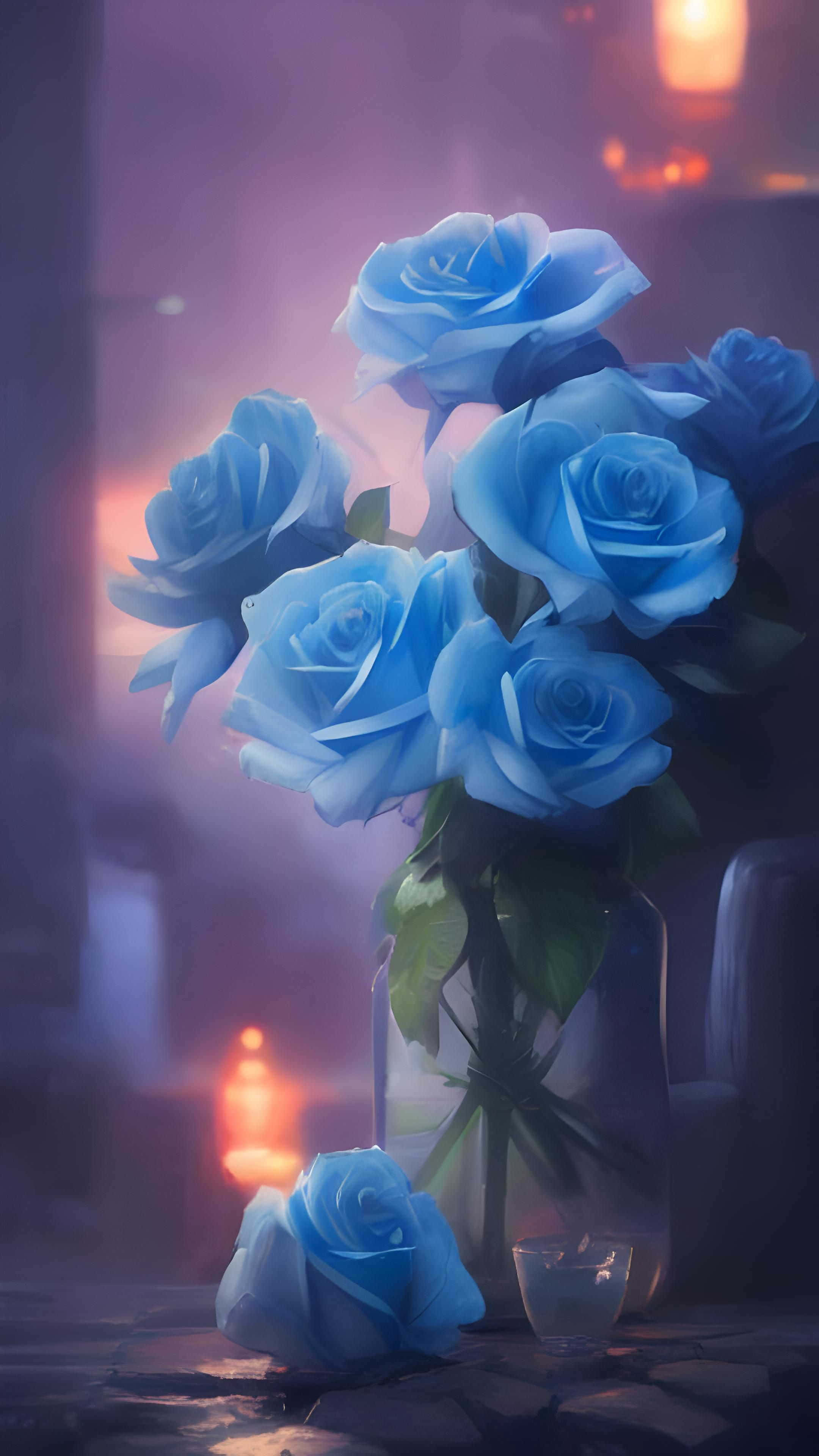 glowing blue roses, glass vase, stone table, 4K Phone Wallpaper