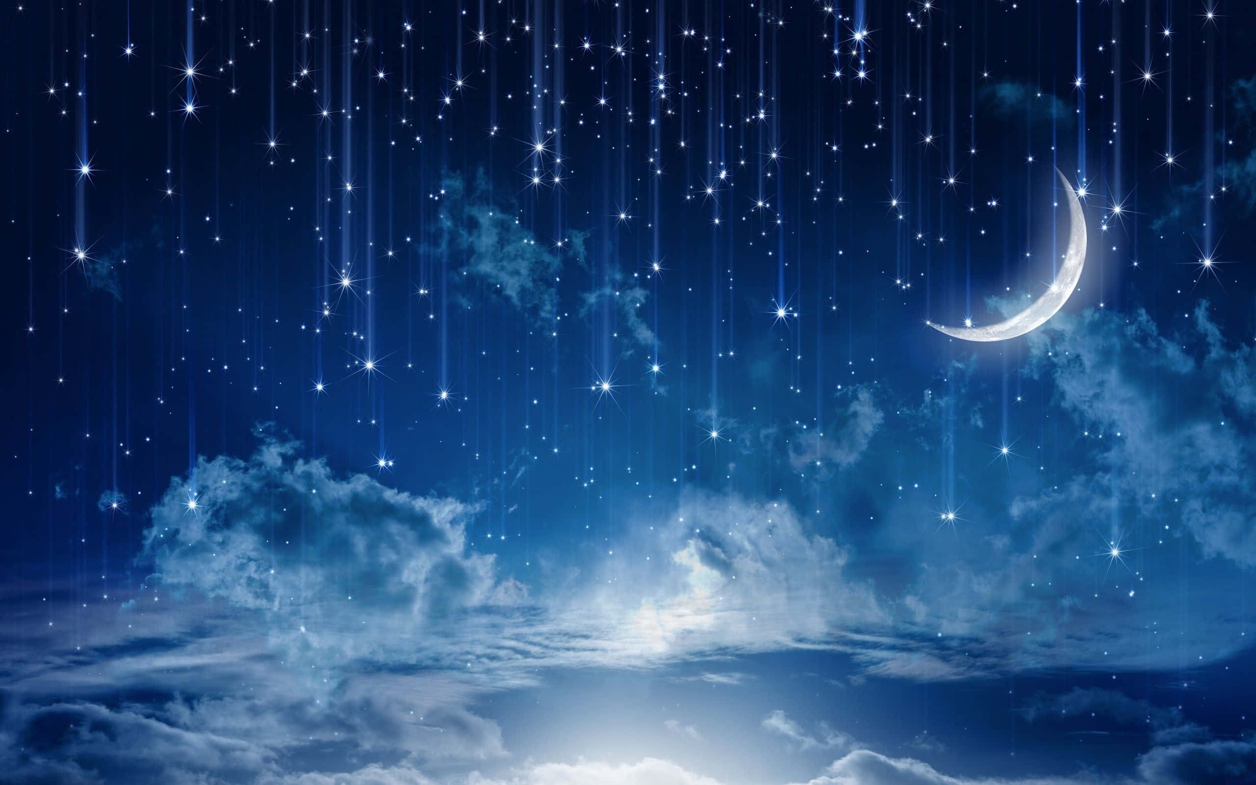 crescent moon, sparkling stars, soft blue clouds, 2K Desktop Wallpaper