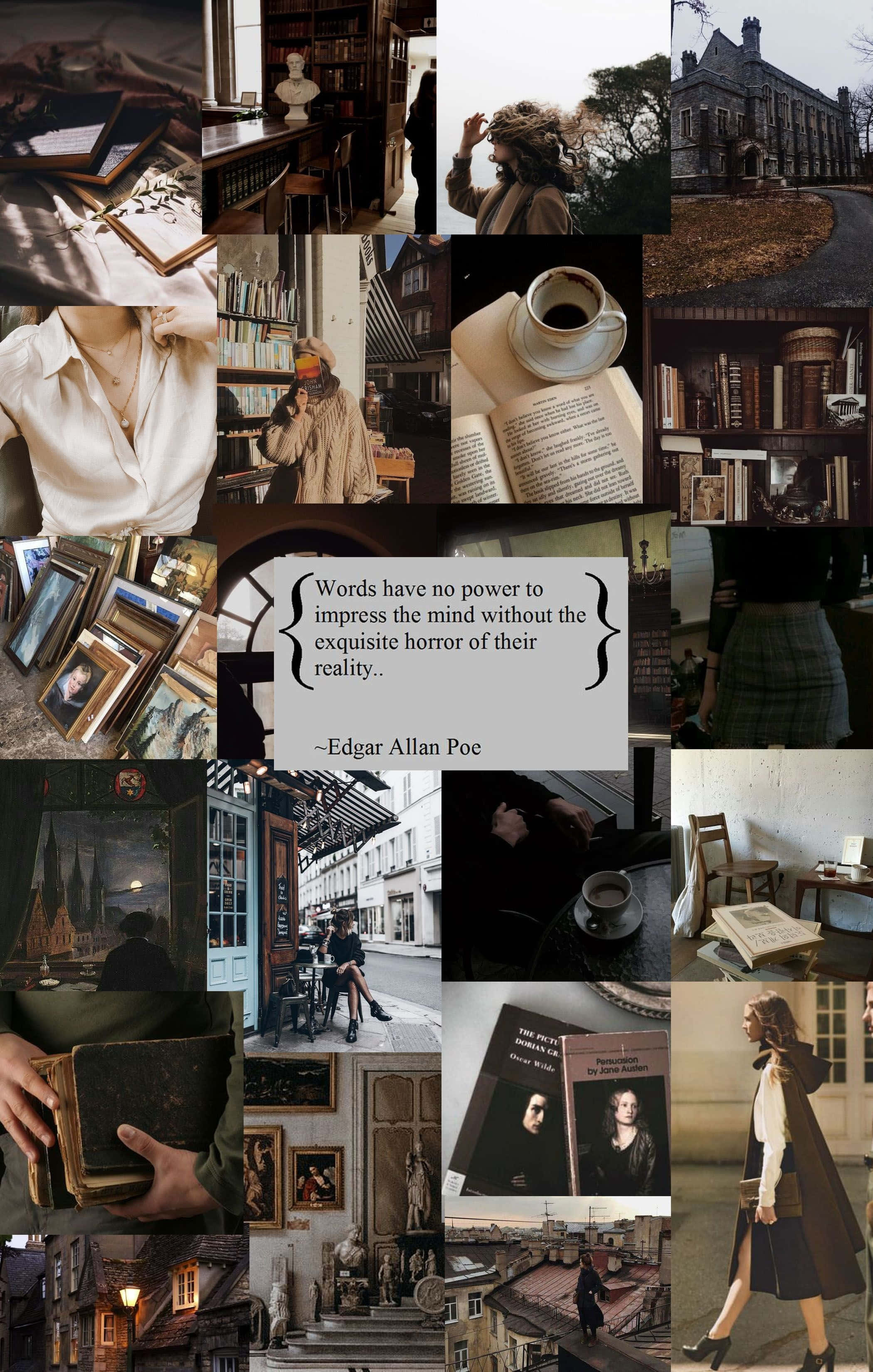 Dark Book Aesthetic, Poe quote, vintage bookshops, 2K Phone Wallpaper