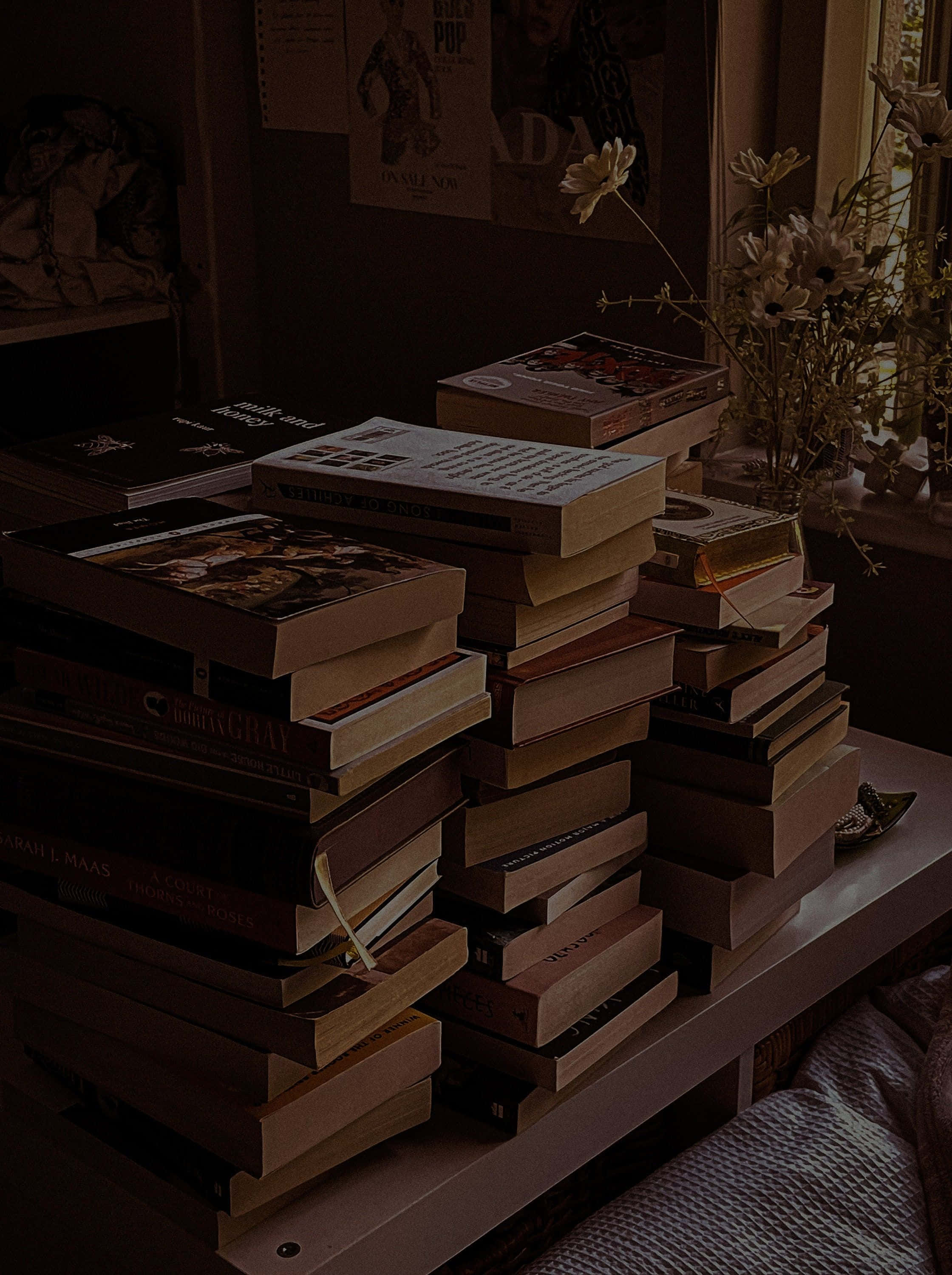 Dark Book Aesthetic, piled tomes, white shelf, 2K Phone Wallpaper