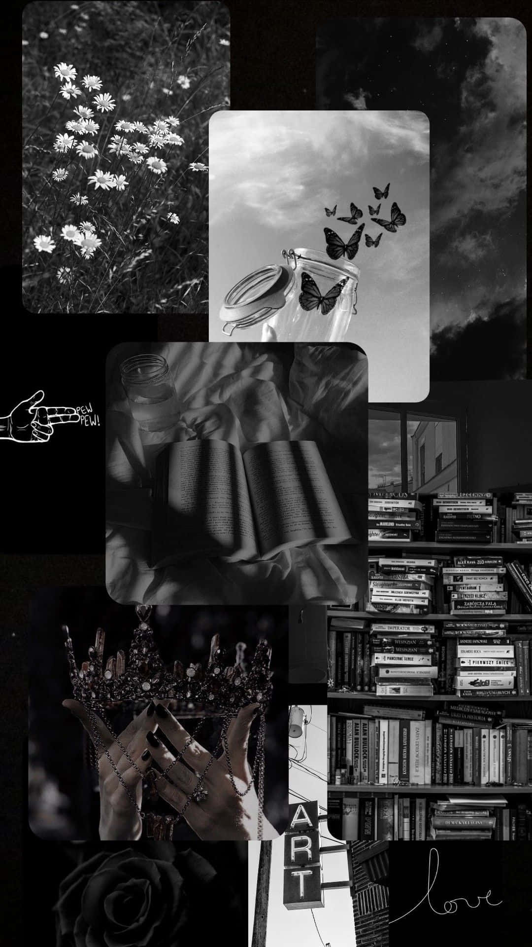 black and white collage, flowers, butterflies, Full HD Phone Wallpaper