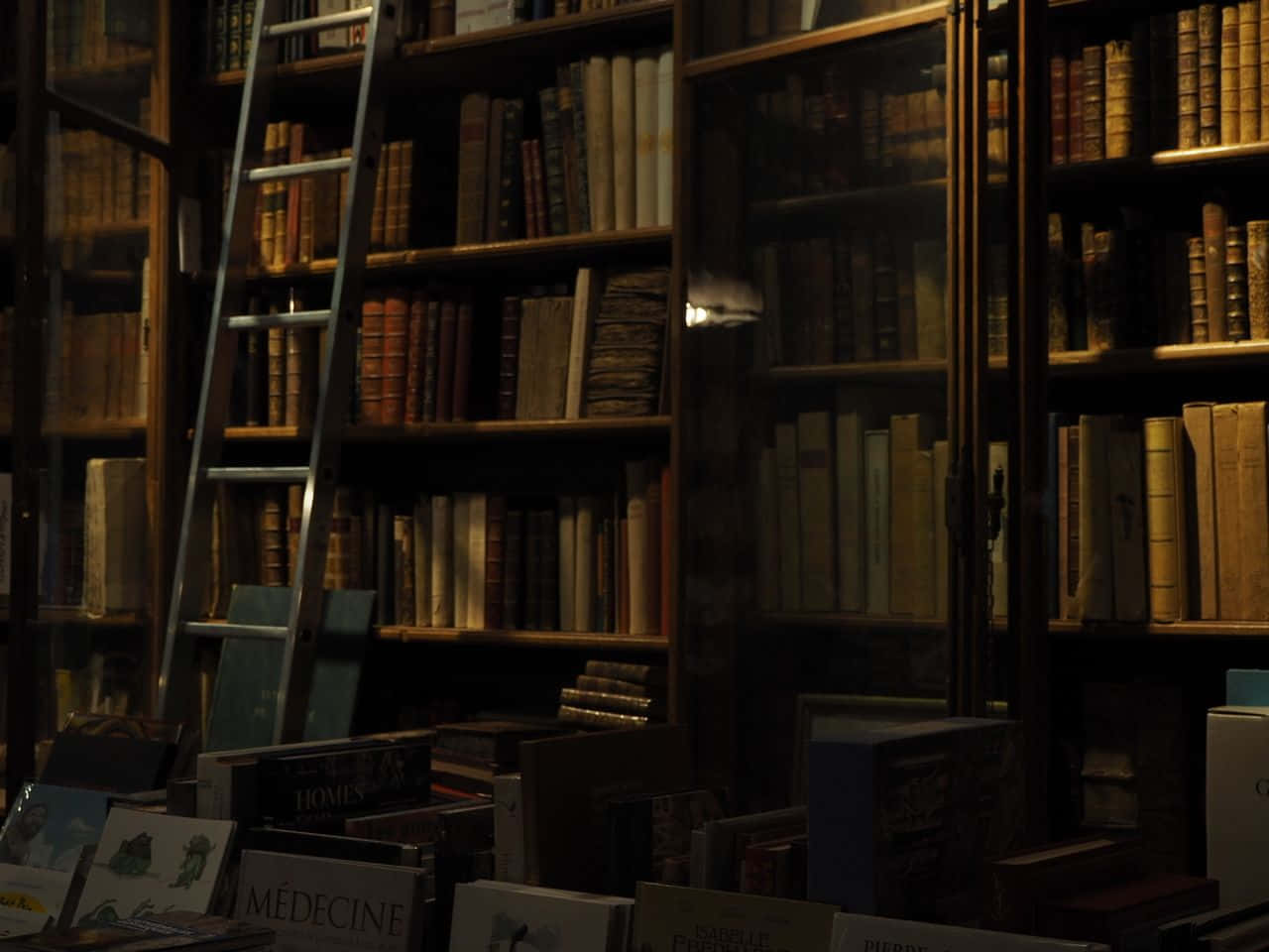mysterious antique bookshop, dimly lit library, tall wooden bookshelves, HD Desktop Wallpaper