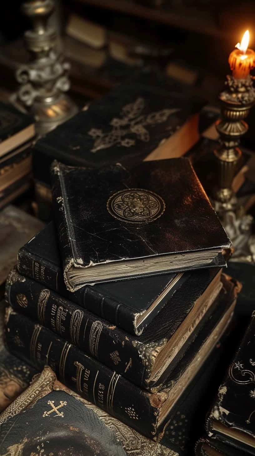ancient leather-bound books, gold embossing, warm candlelight, HD Phone Wallpaper