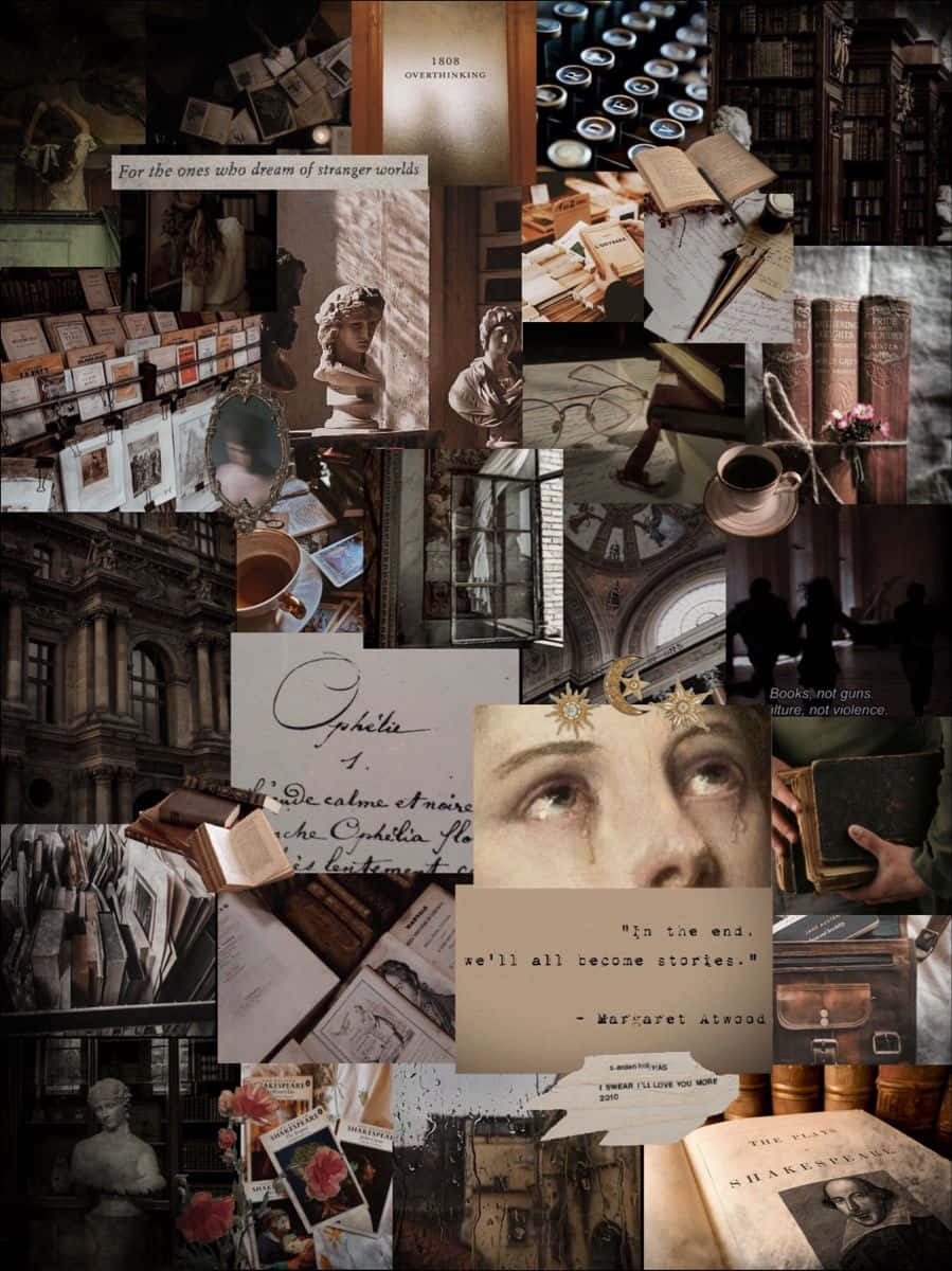 Dark Book Aesthetic, vintage books, statues, SD Phone Wallpaper