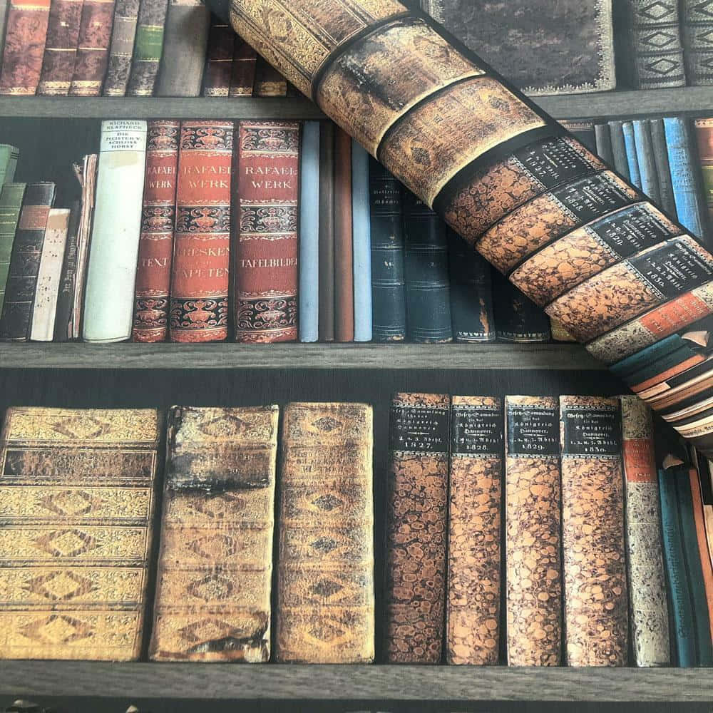 antique bookshelf, vintage books, ornate spines, SD Desktop Wallpaper