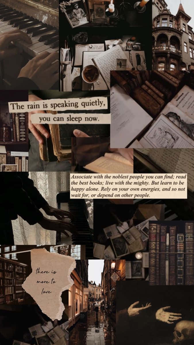 Dark Book Aesthetic, vintage books, piano keys, SD Phone Wallpaper