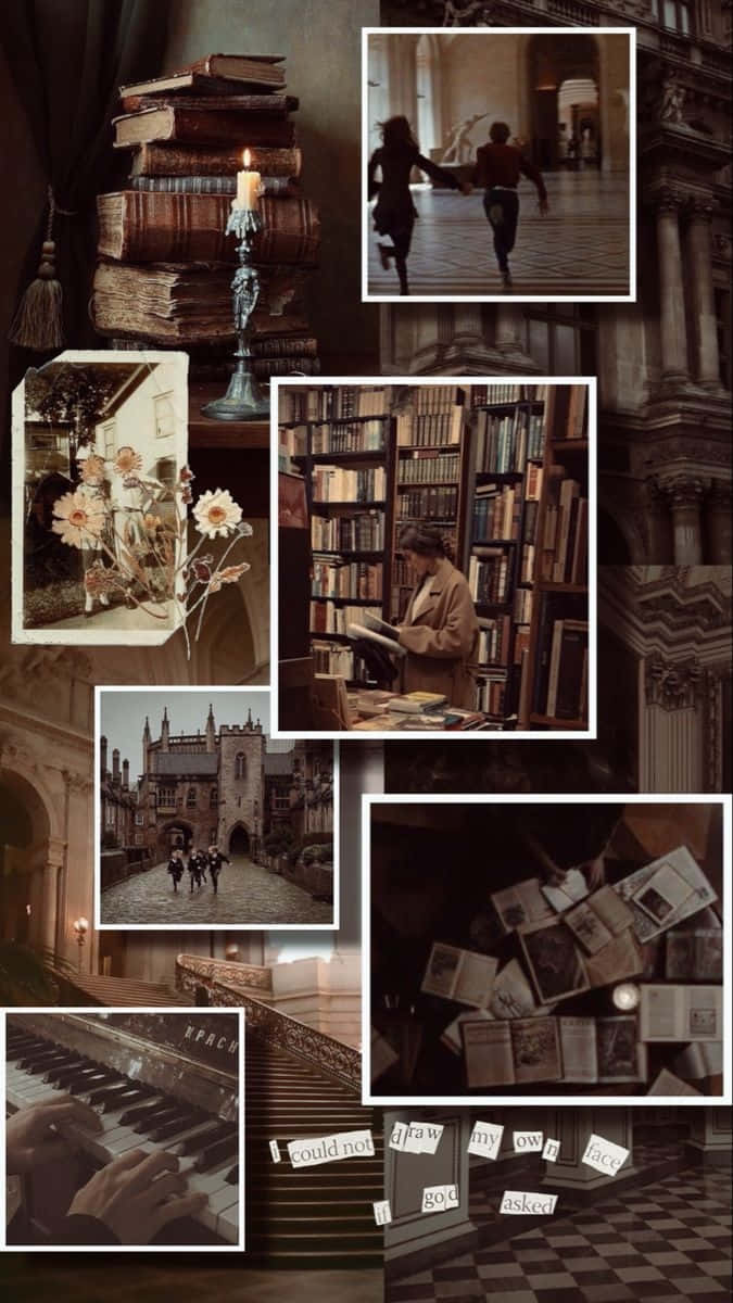 Dark Academia, vintage book-filled scenes, candlelit stacks, SD Phone Wallpaper