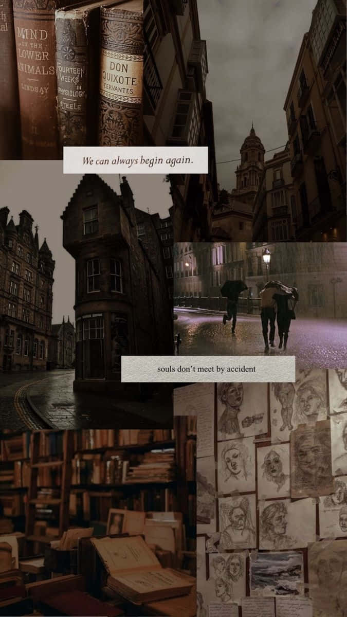 Dark Book Aesthetic, vintage books, sketches, SD Phone Wallpaper