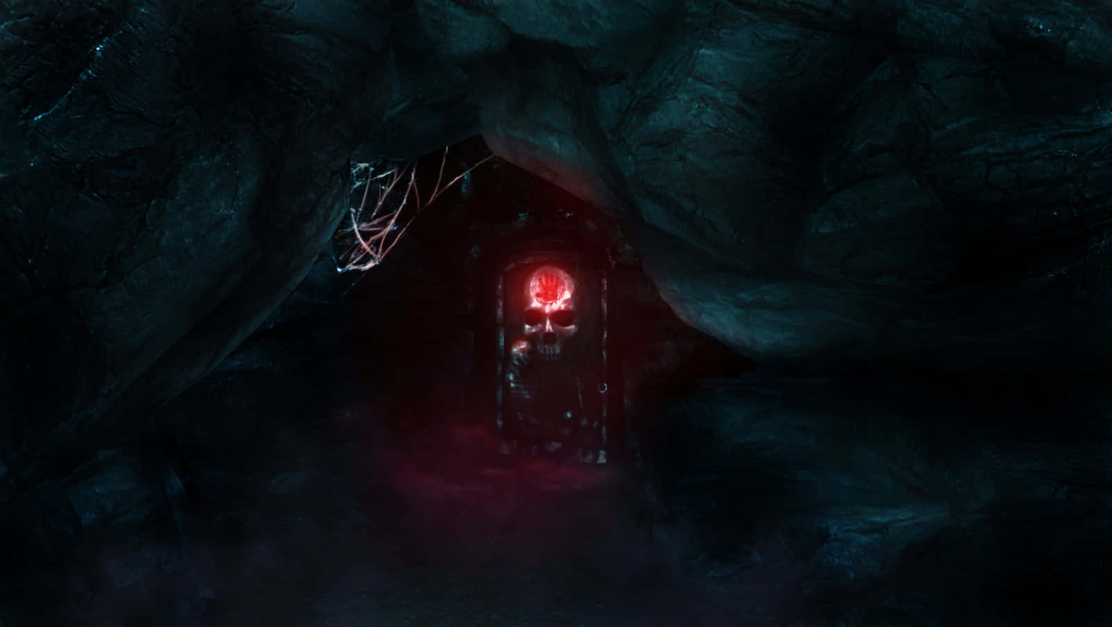 Dark Brotherhood, cave door, glowing red skull, HD Desktop Wallpaper