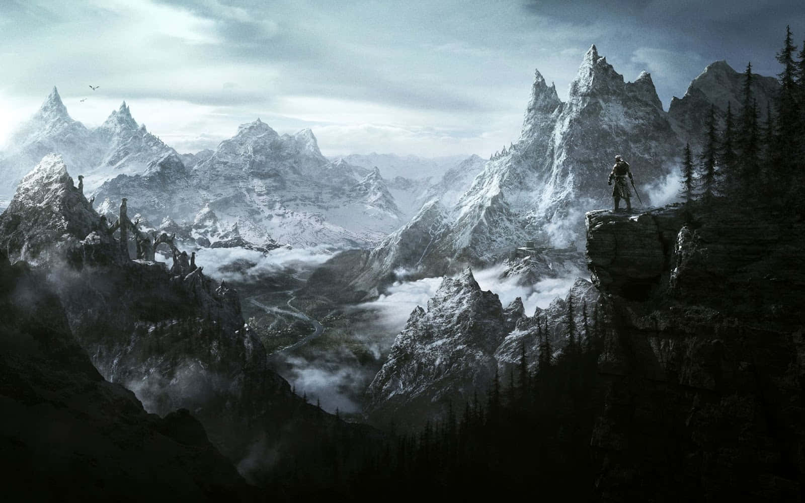 Dark Brotherhood, snowy mountain cliff, misty valley, HD Desktop Wallpaper