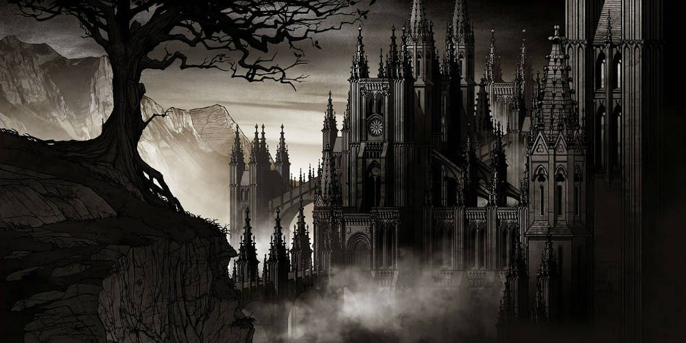 Dark Castle, gothic cathedral, mist, SD Desktop Wallpaper