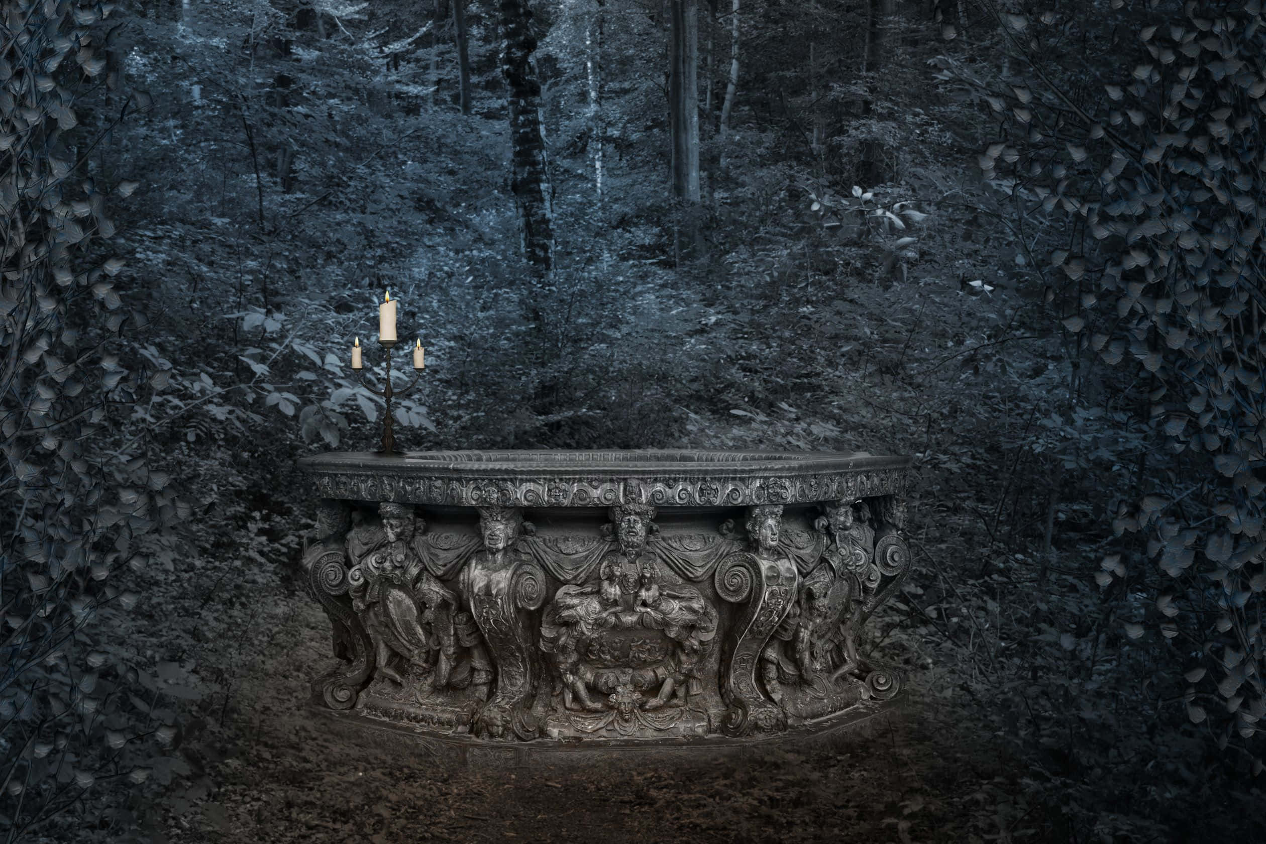Dark Castle, gothic landscape, ornate stone fountain, Full HD Desktop Wallpaper