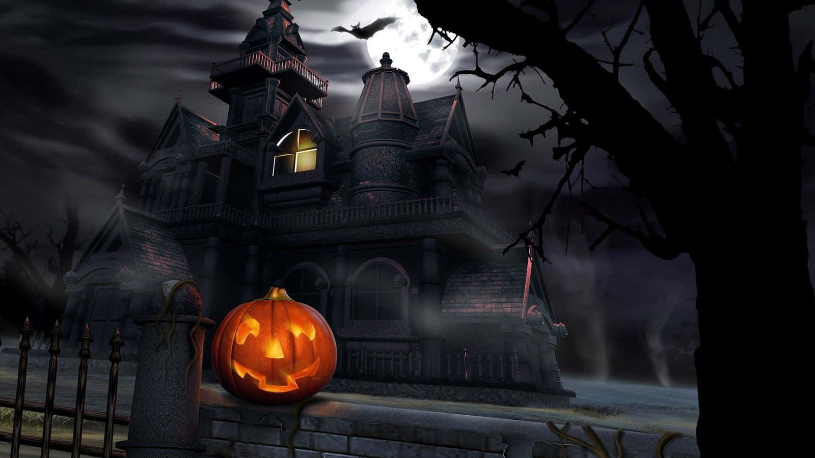 Animated Halloween, black castle, jack-o'-lantern, HD Desktop Wallpaper
