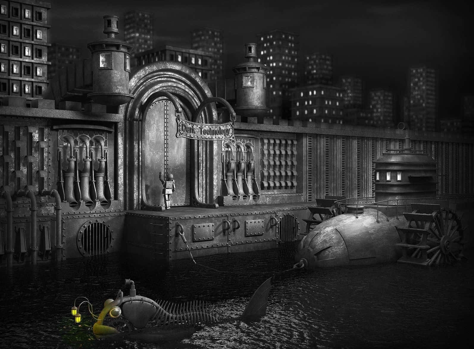 Dark Gothic Mystique, massive industrial gate, flooded dystopian cityscape, HD Desktop Wallpaper