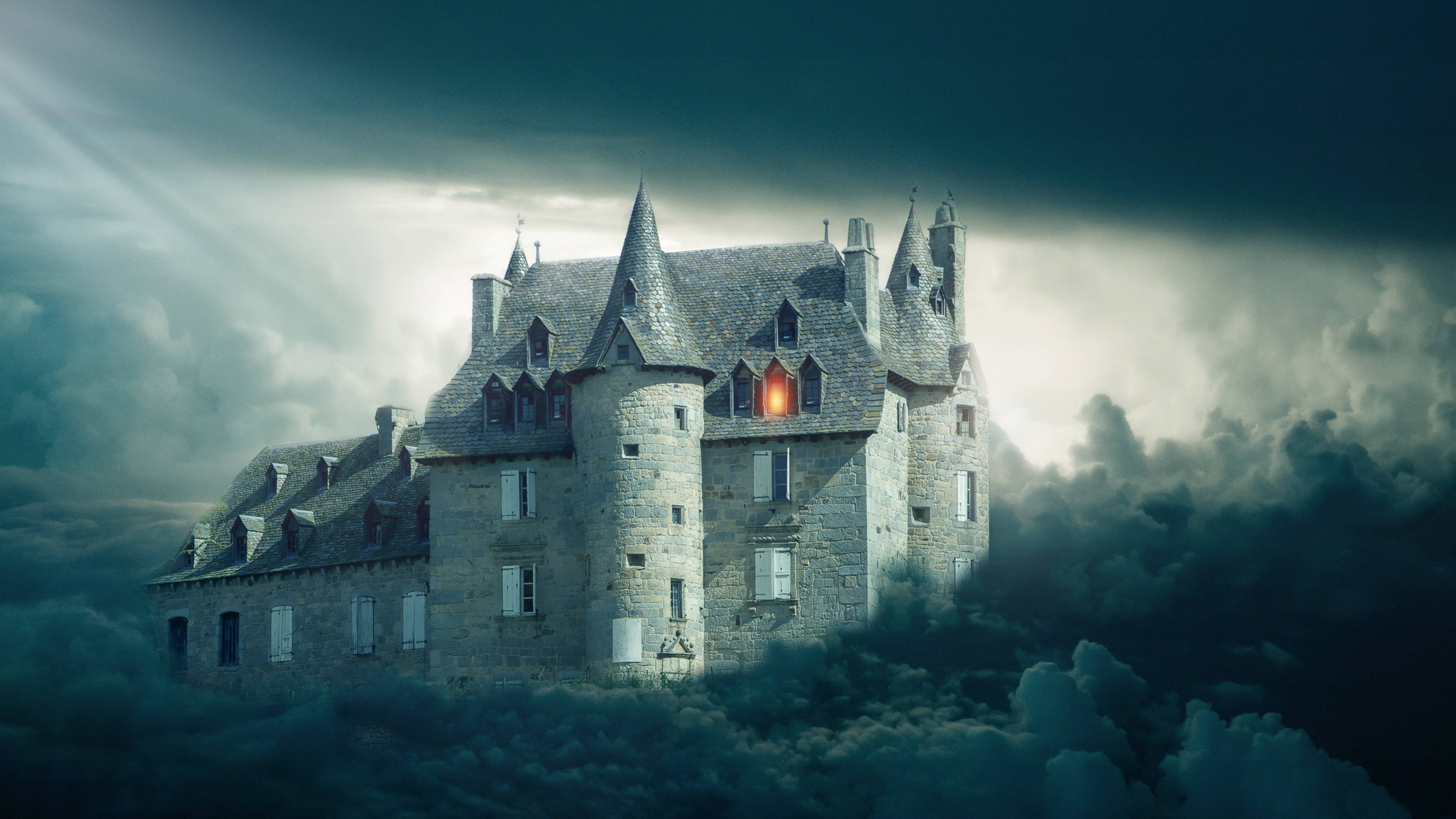 gothic stone castle, storm clouds, glowing window, 4K Desktop Wallpaper