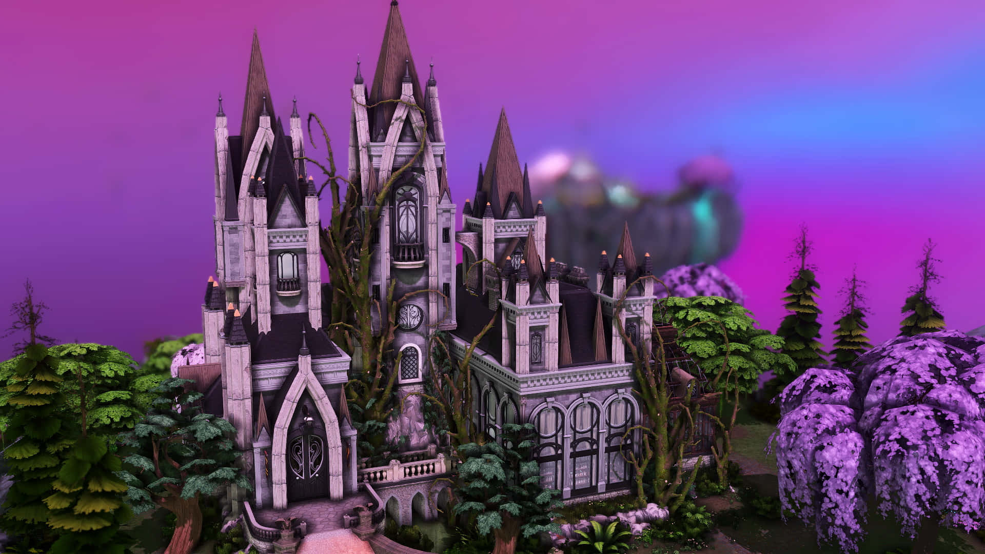 enchanted gothic castle, twilight, purple trees, Full HD Desktop Wallpaper