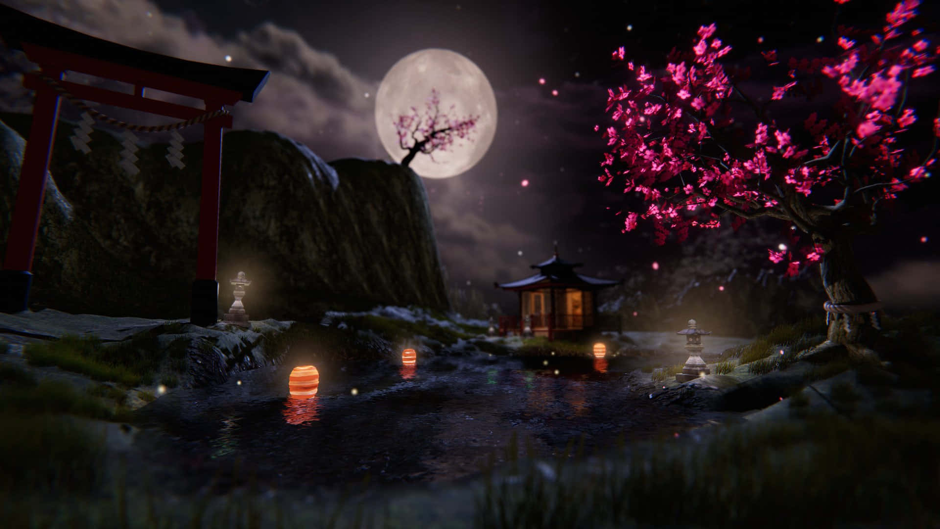 Dark Cherry Blossom, Japanese shrine, full moon, Full HD Desktop Wallpaper