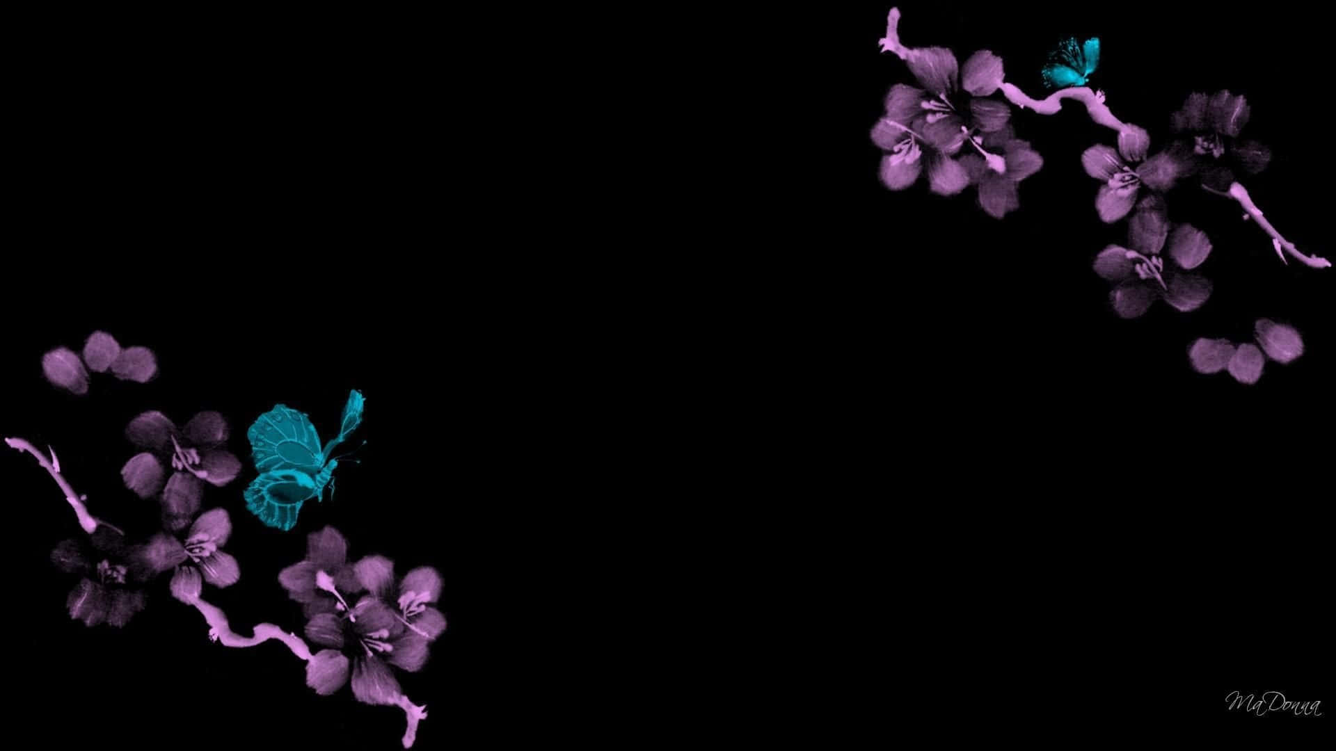 dark cherry blossom, teal butterflies, glowing purple cherry blossoms, Full HD Desktop Wallpaper