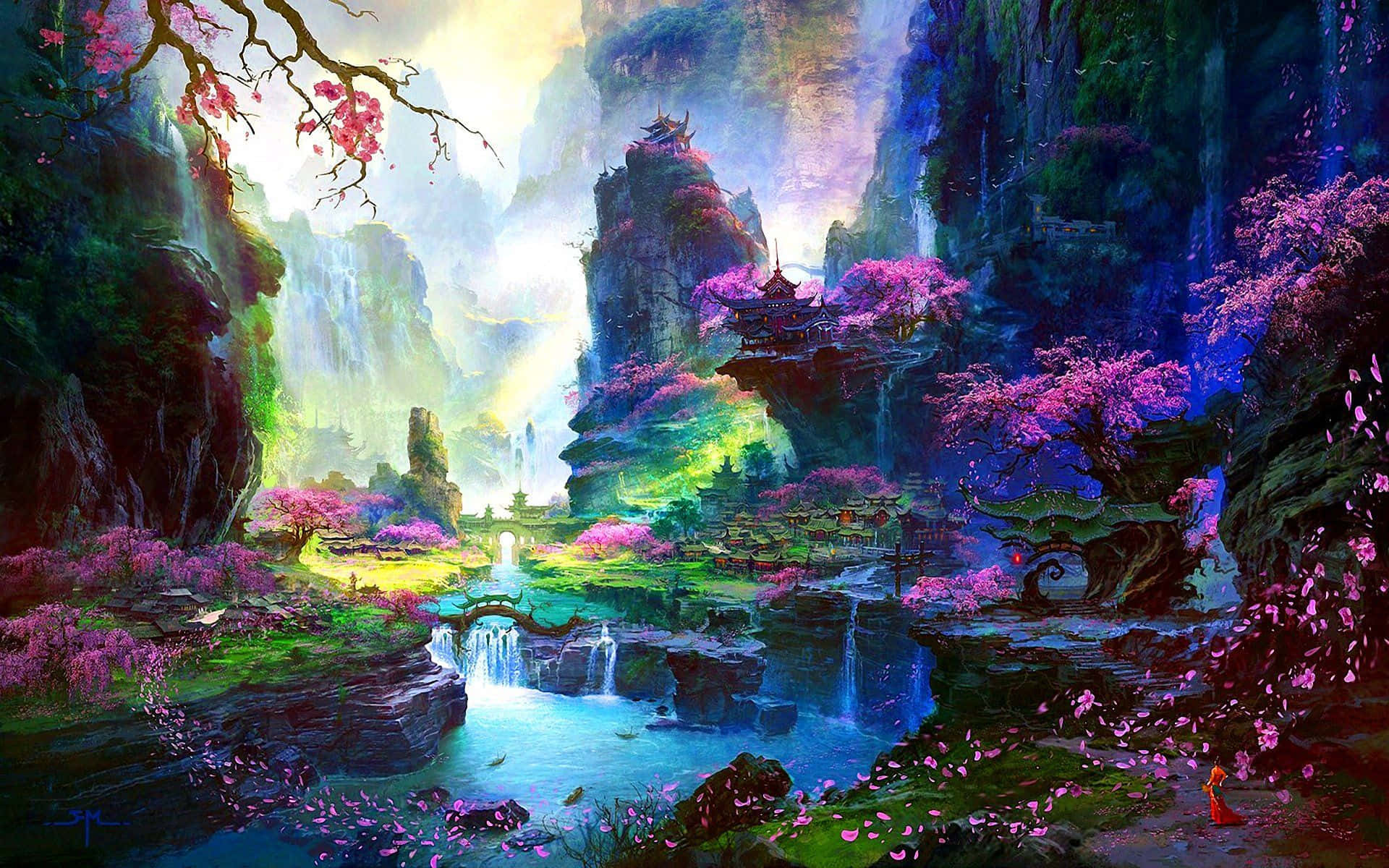 Dark Cherry Blossom, floating pagodas, cascading waterfalls, Full HD Desktop Wallpaper
