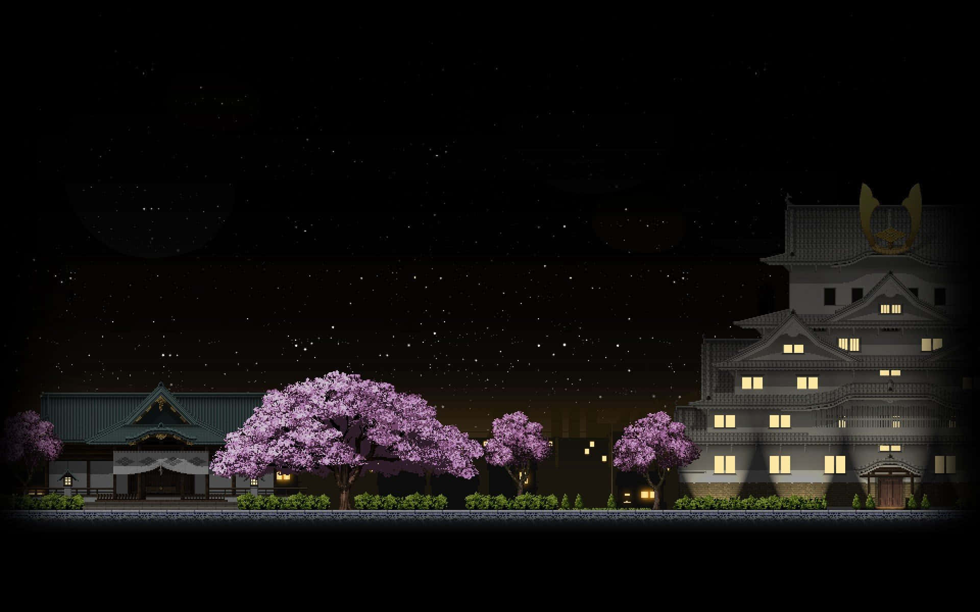 Dark Cherry Blossom, cherry blossom trees, traditional Japanese buildings, Full HD Desktop Wallpaper