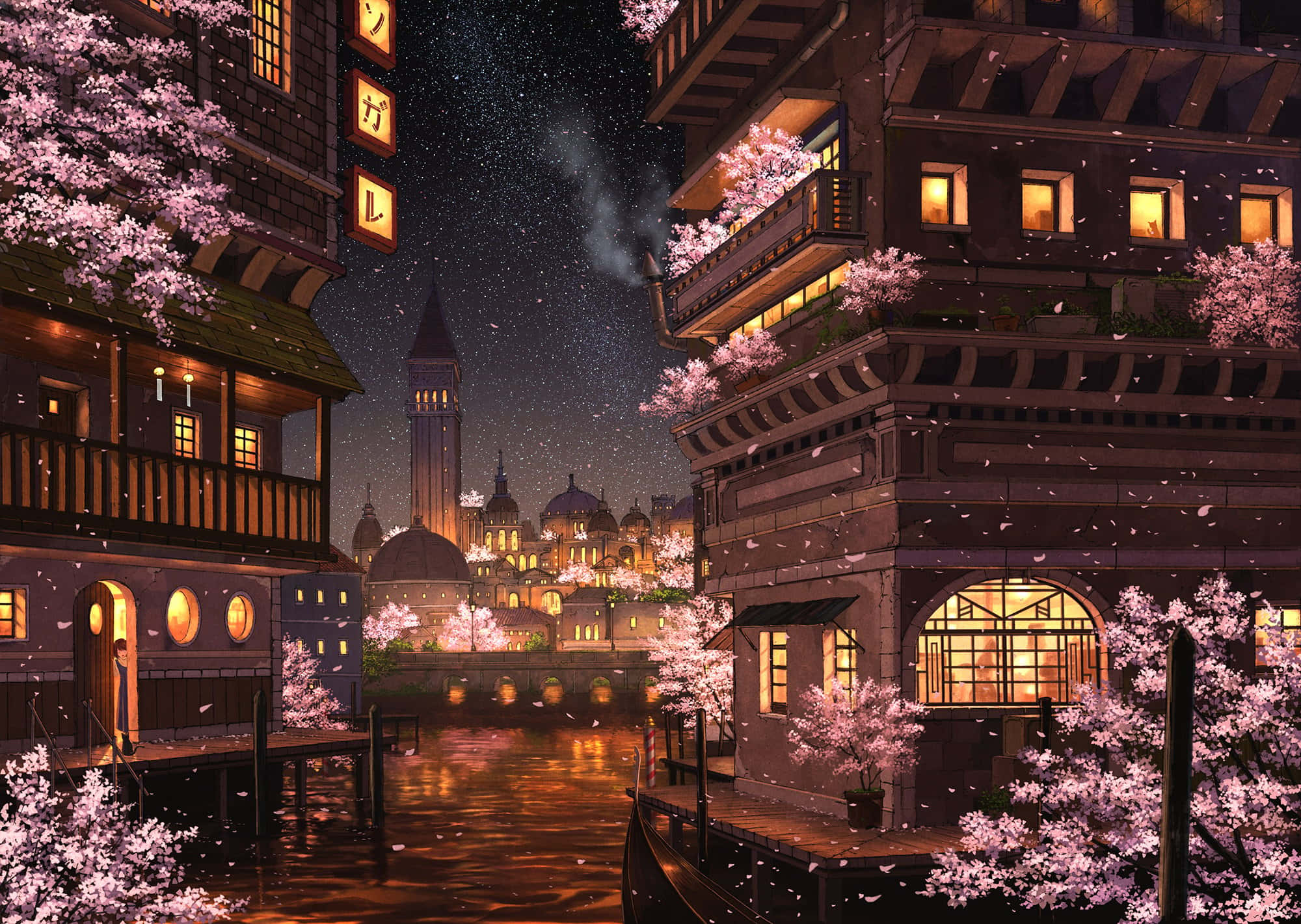 Dark Cherry Blossom, canal town, cherry blossoms, Full HD Desktop Wallpaper
