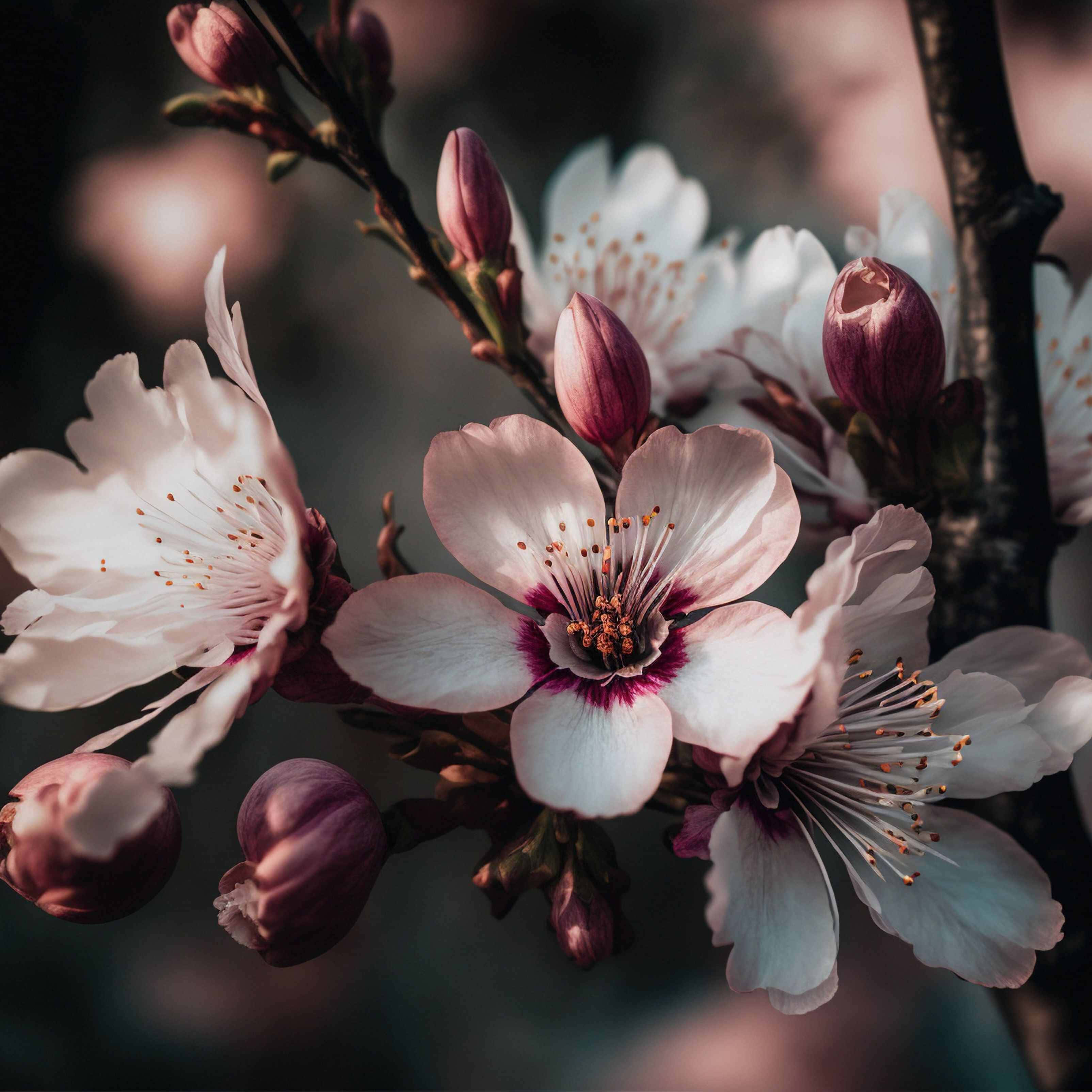 Blossoming Cherry Branch4 K, pink and white cherry blossoms, deep magenta centers, 2K Desktop Wallpaper