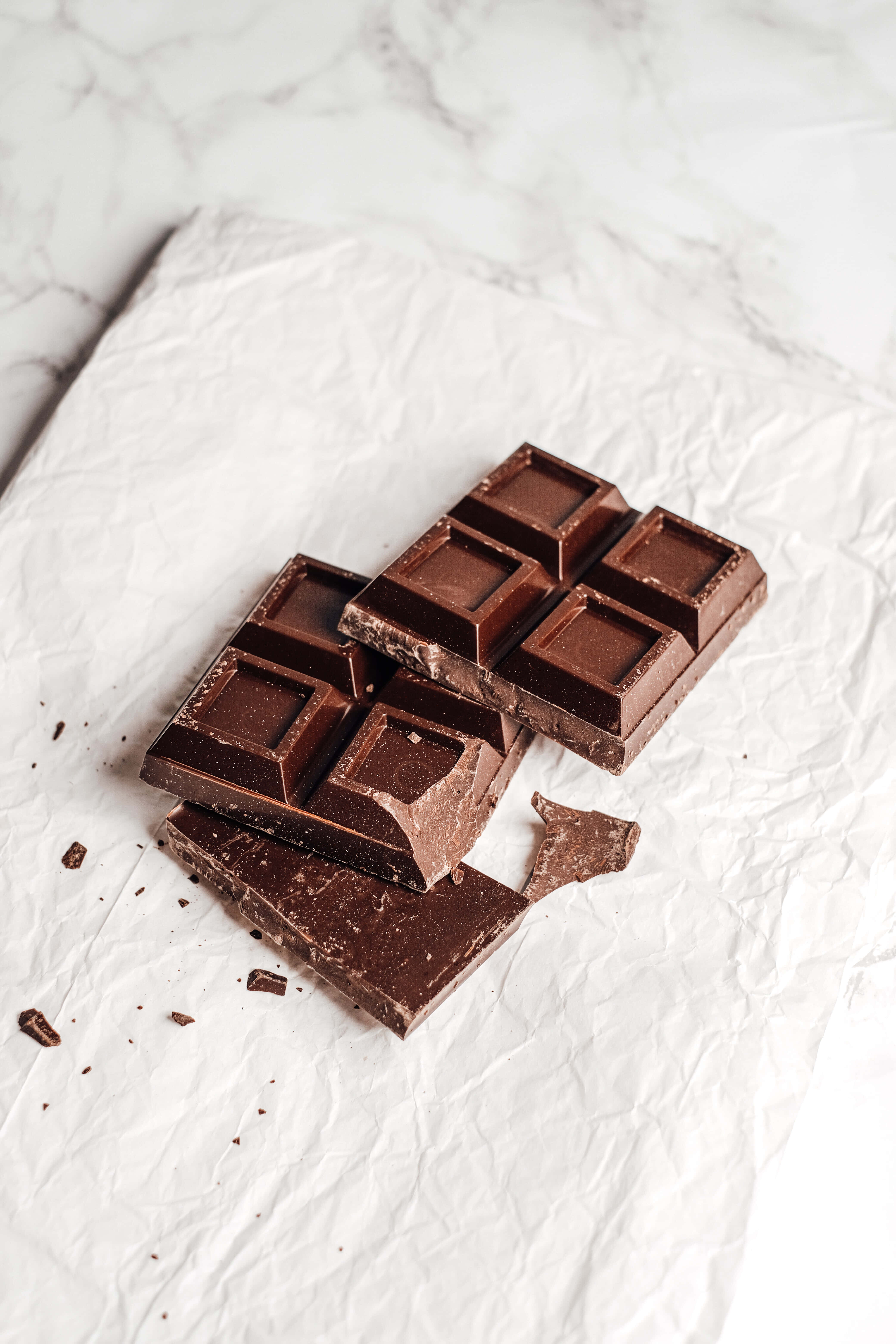 Dark Chocolate, dark chocolate bars, crumpled white paper, 5K Phone Wallpaper