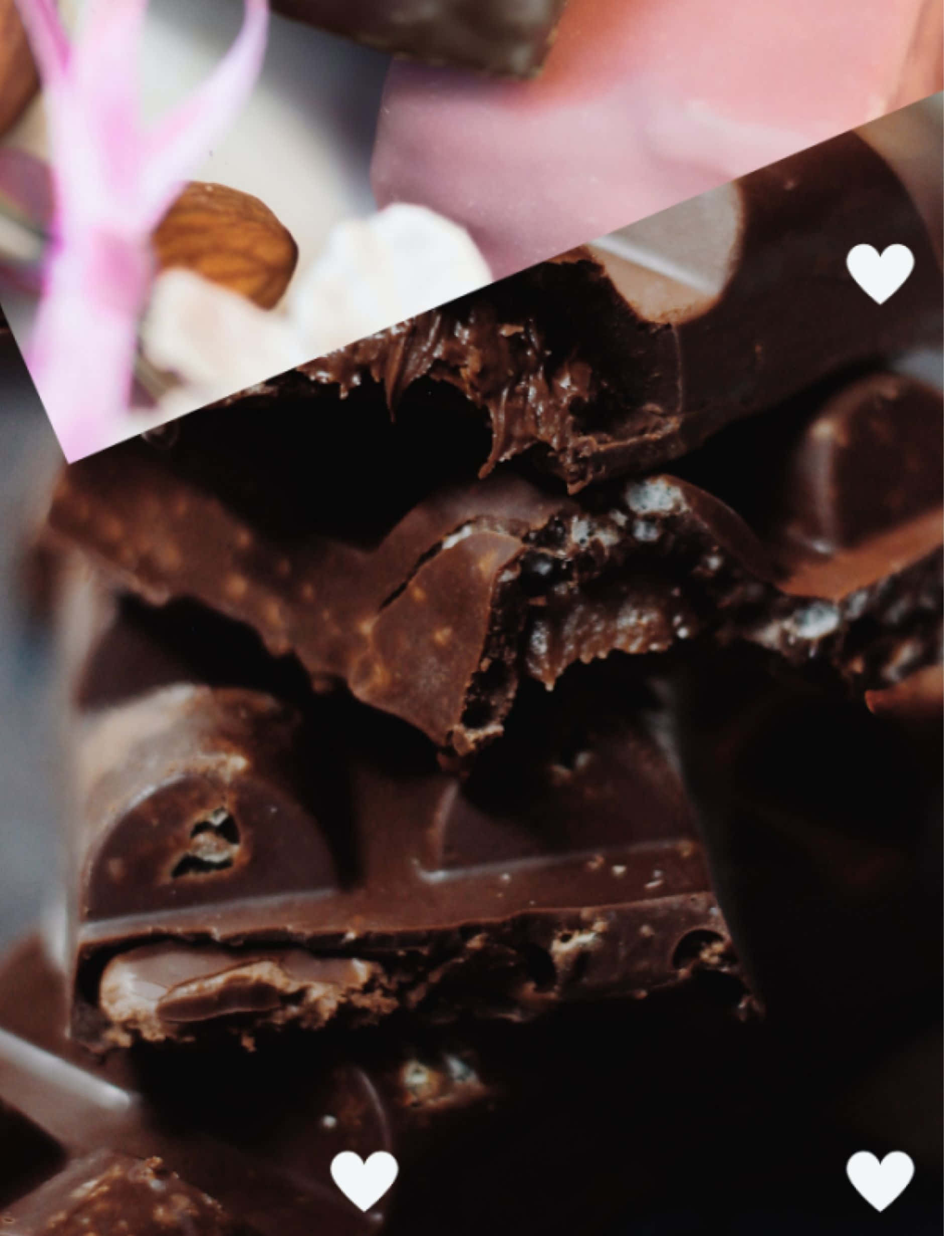 Dark Chocolate, almonds, pink ribbon, Full HD Phone Wallpaper