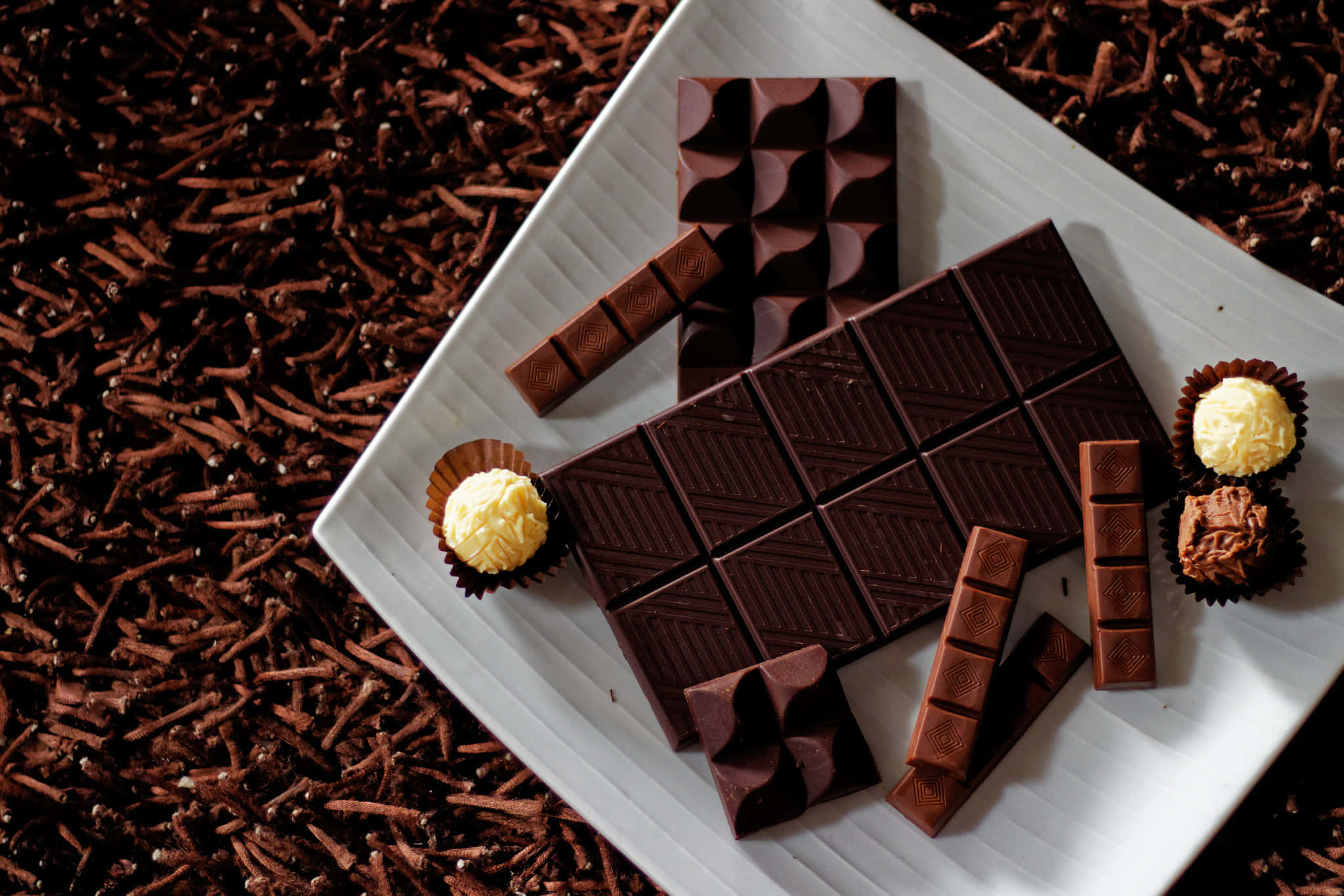 dark chocolate, white plate, cocoa nibs, Full HD Desktop Wallpaper