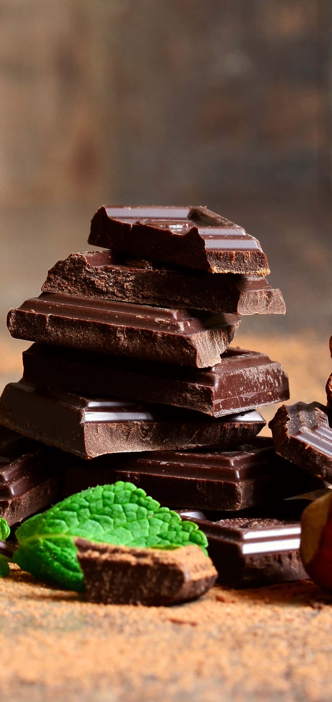 Dark Chocolate, dark chocolate bars, vibrant green mint leaf, Full HD Phone Wallpaper