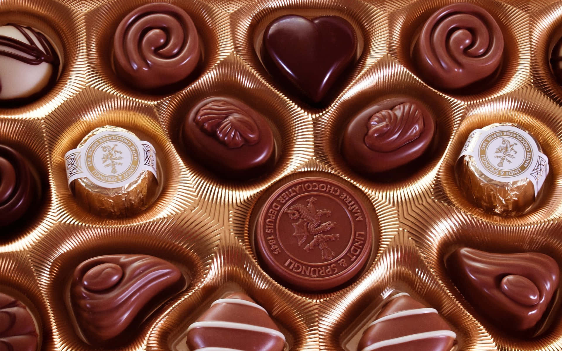 Dark Chocolate, golden foil tray, intricate embossed patterns, Full HD Desktop Wallpaper