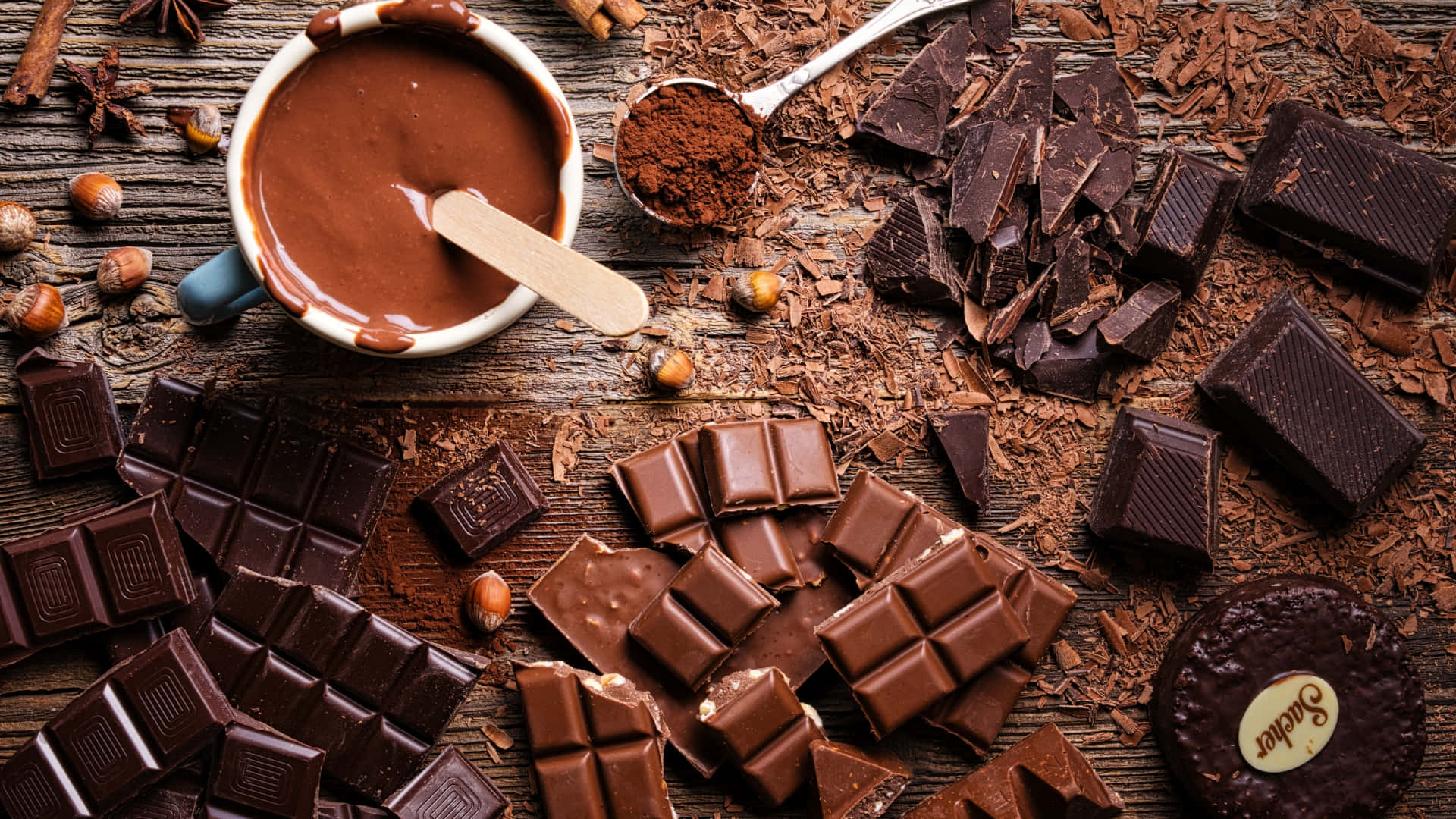 Dark Chocolate, cocoa powder, hazelnuts, Full HD Desktop Wallpaper