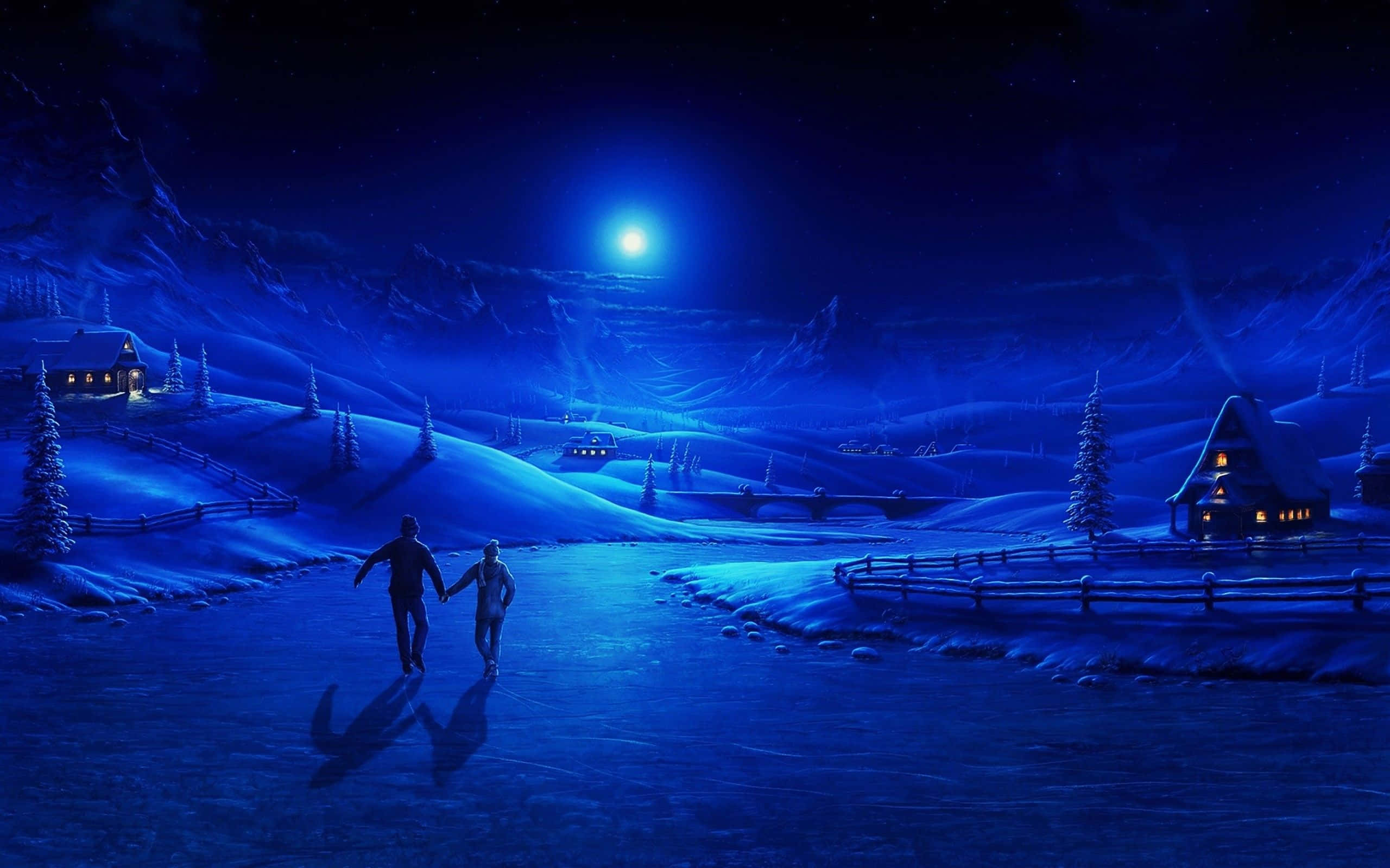 moonlit frozen lake, snowy mountain valley, glowing cabin windows, 2K Desktop Wallpaper