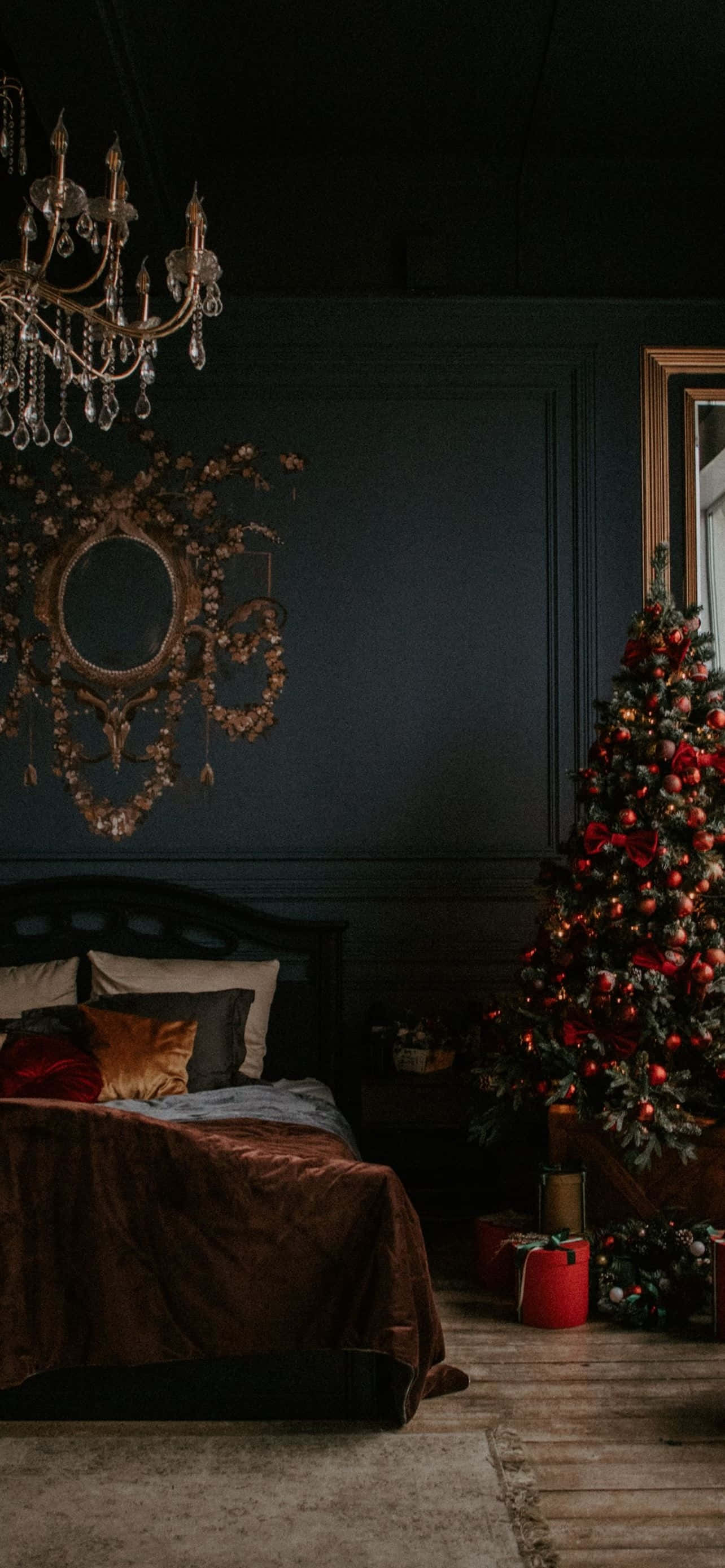 dark bedroom, velvet bed, ornate chandelier, 2K Phone Wallpaper