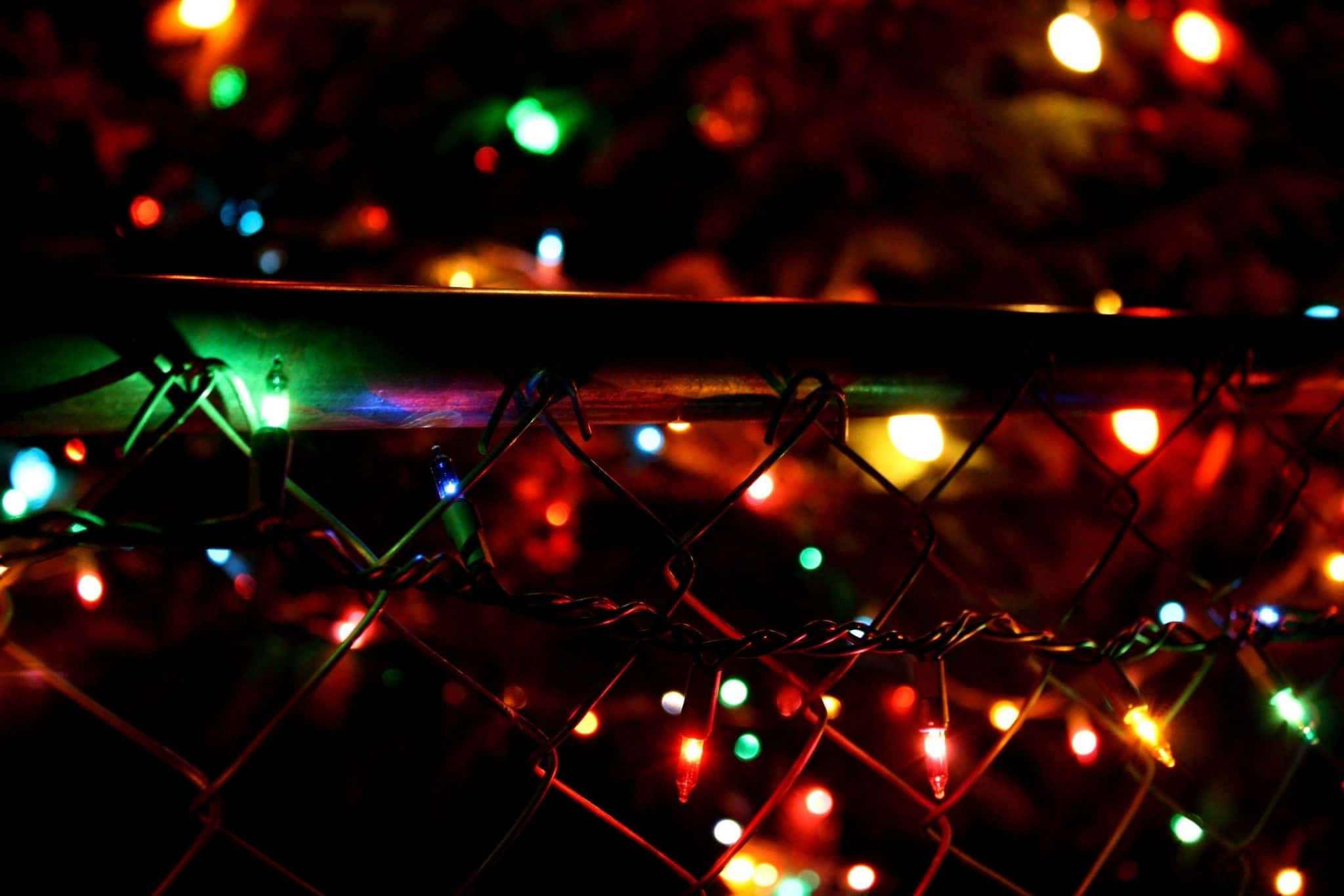 dark chain link fence, colorful string lights, nighttime scene, Full HD Desktop Wallpaper