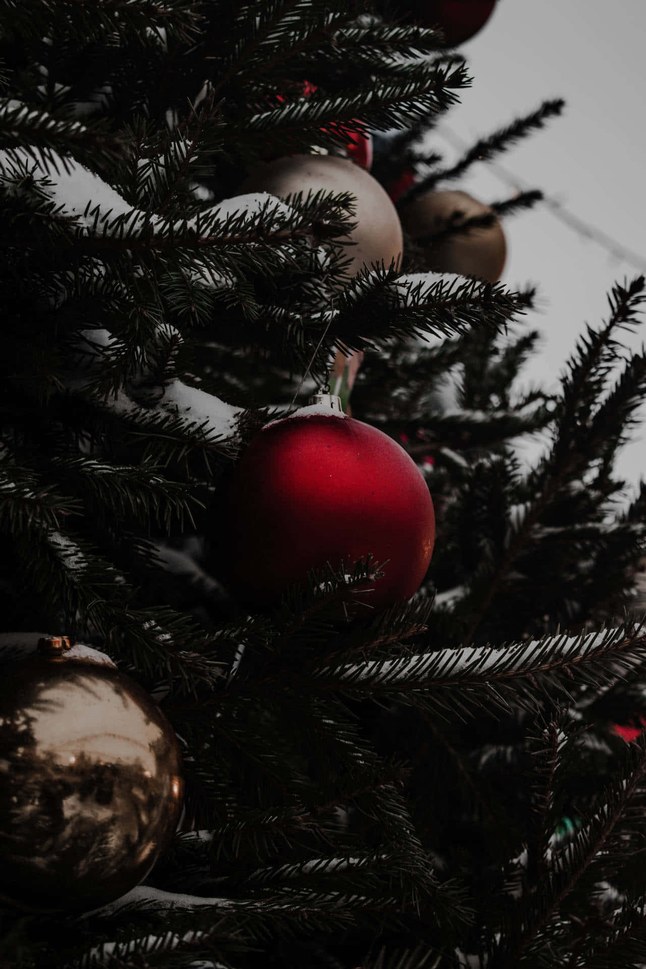 Dark Christmas Tree, red ornaments, gold ornaments, Full HD Phone Wallpaper