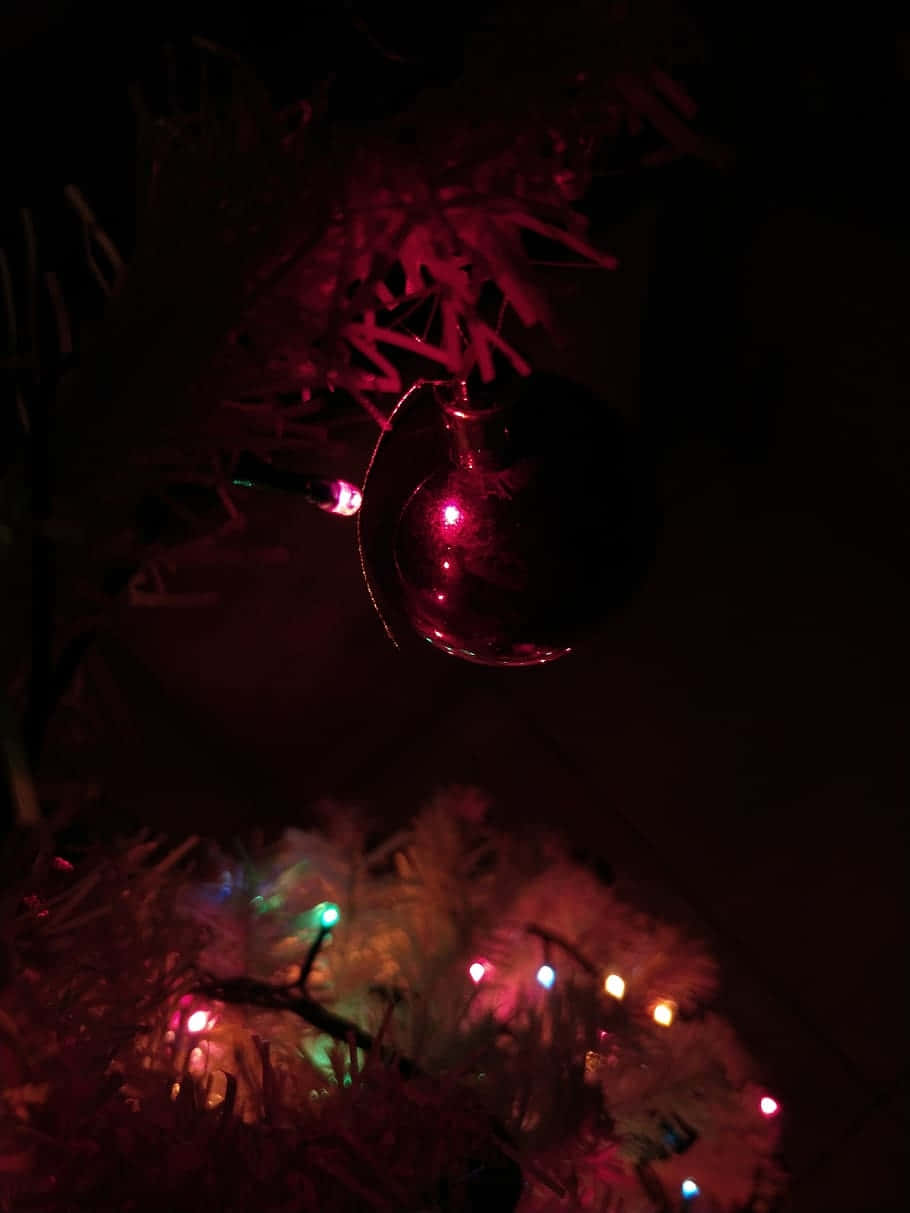 shiny red glass ornament, dark Christmas tree, twinkling multicolored lights, SD Phone Wallpaper