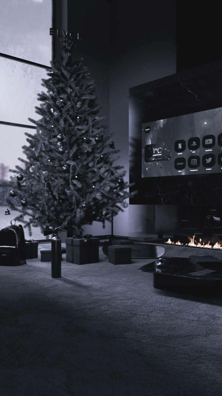 Dark Christmas Treeand Fireplace Aesthetic, monochrome living room, Christmas tree, HD Phone Wallpaper
