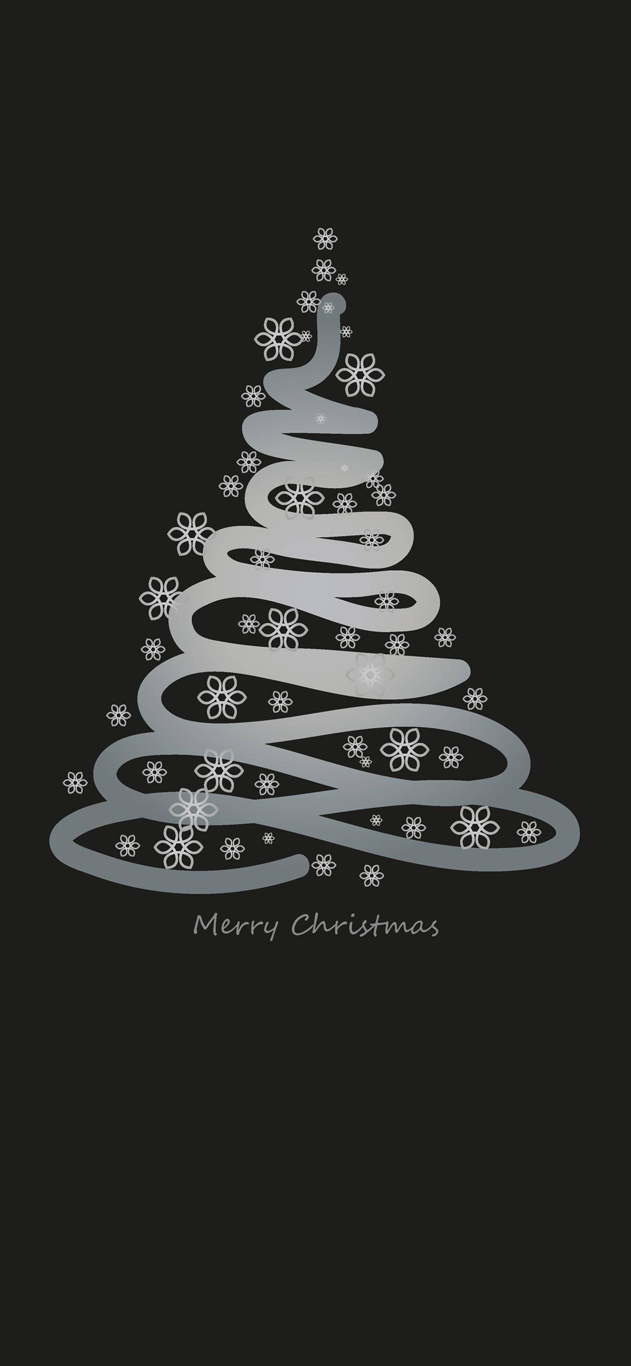 black christmas, silver spiral Christmas tree, snowflakes, 2K Phone Wallpaper