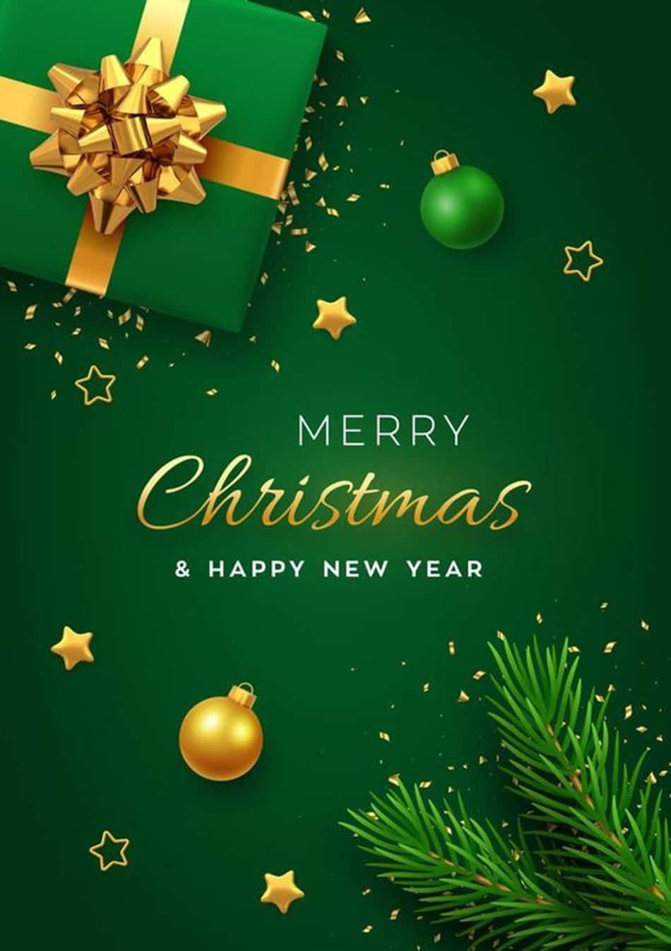 Dark Green Christmas, golden stars, gift box with a bow, HD Phone Wallpaper