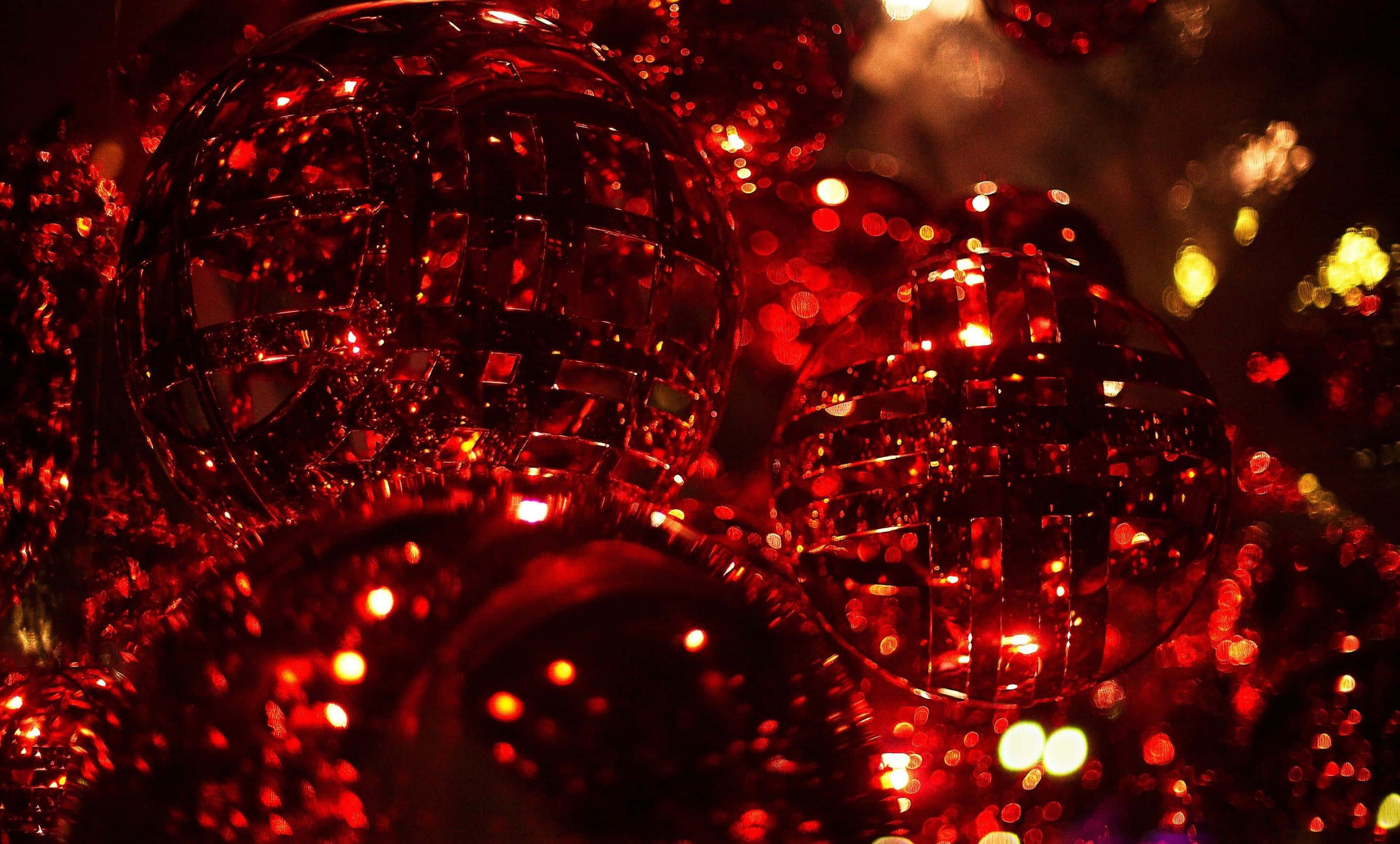 Dark Christmas, red disco balls, warm lights, 2K Desktop Wallpaper