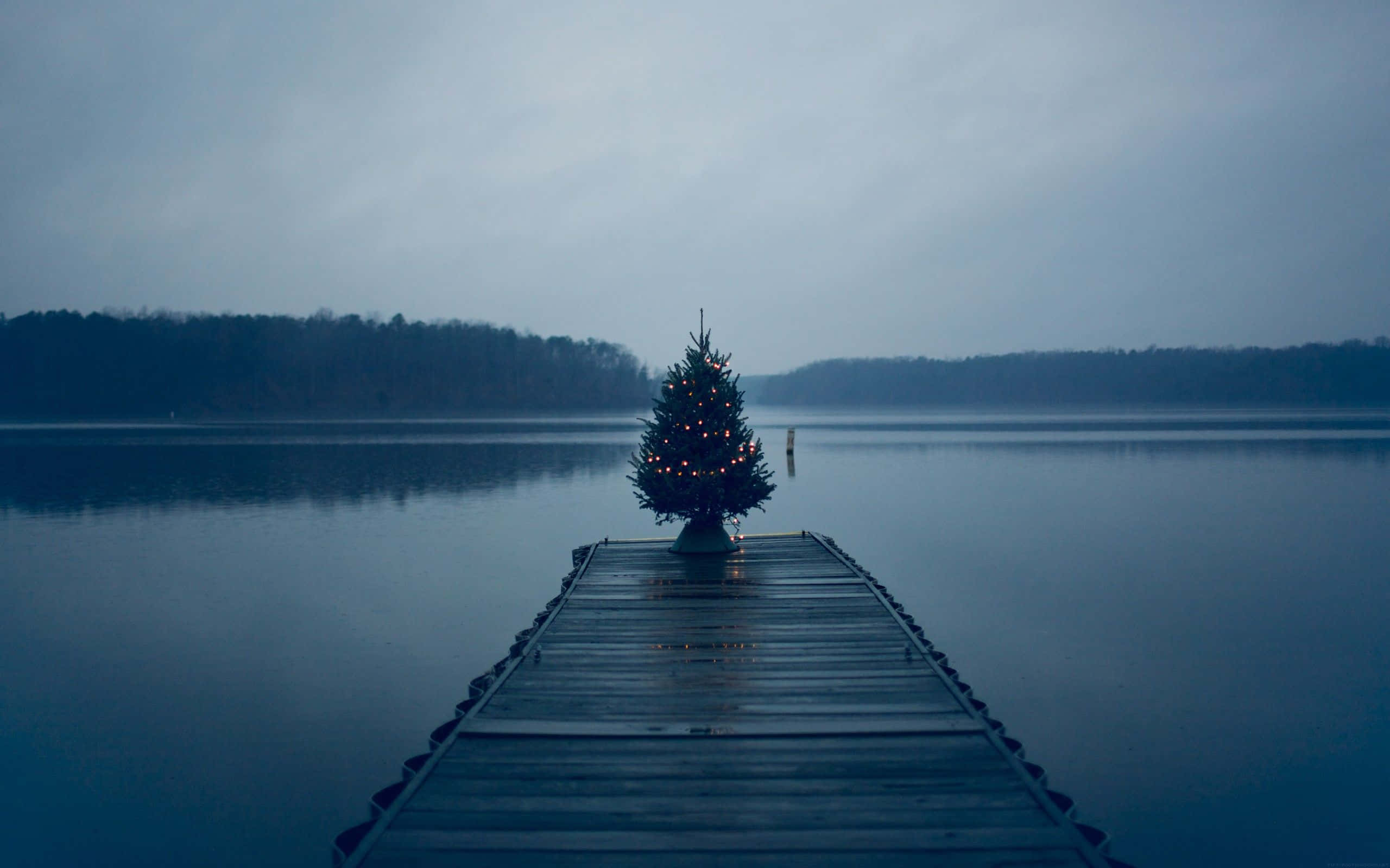 Dark Christmas, wooden dock, misty lake, 2K Desktop Wallpaper