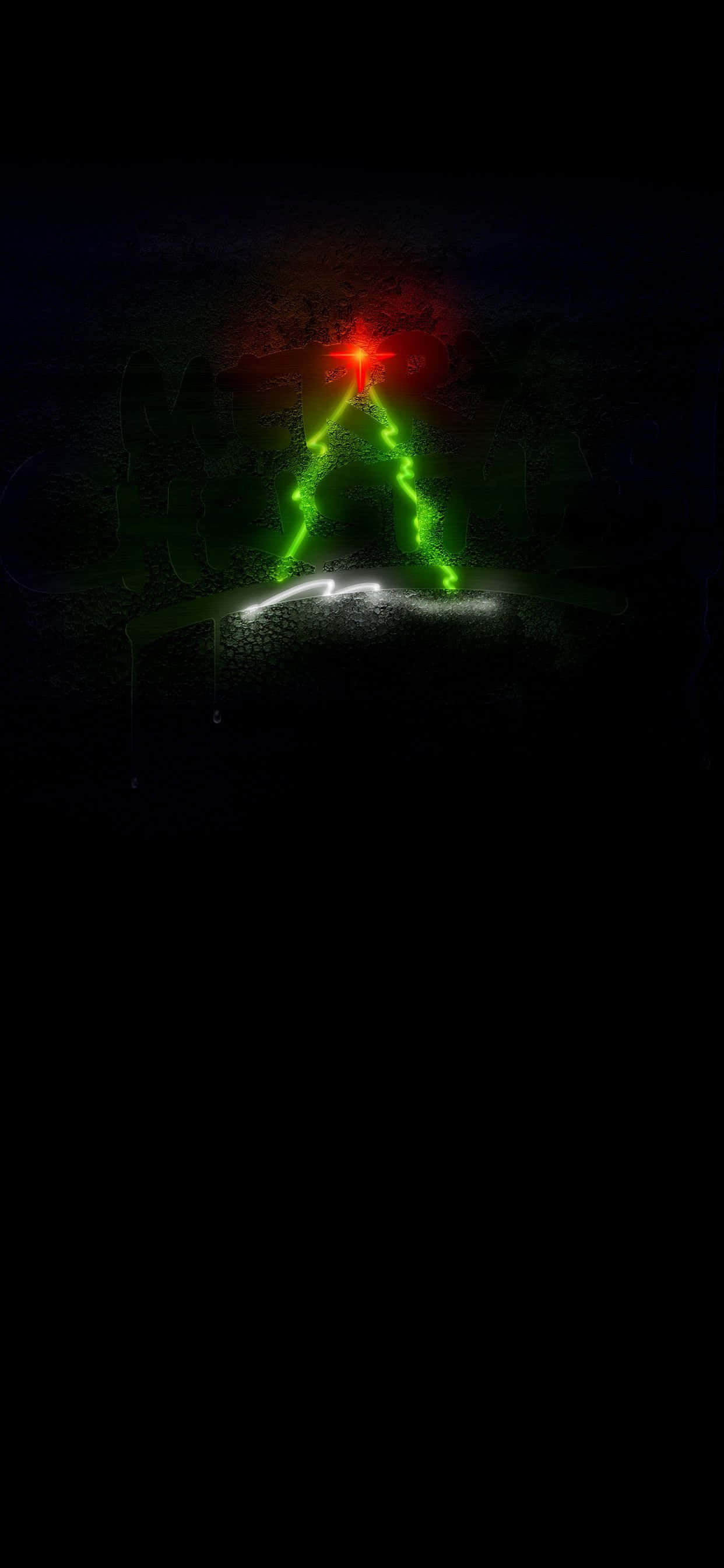 dark christmas, glowing green laser Christmas tree, red star topper, 2K Phone Wallpaper